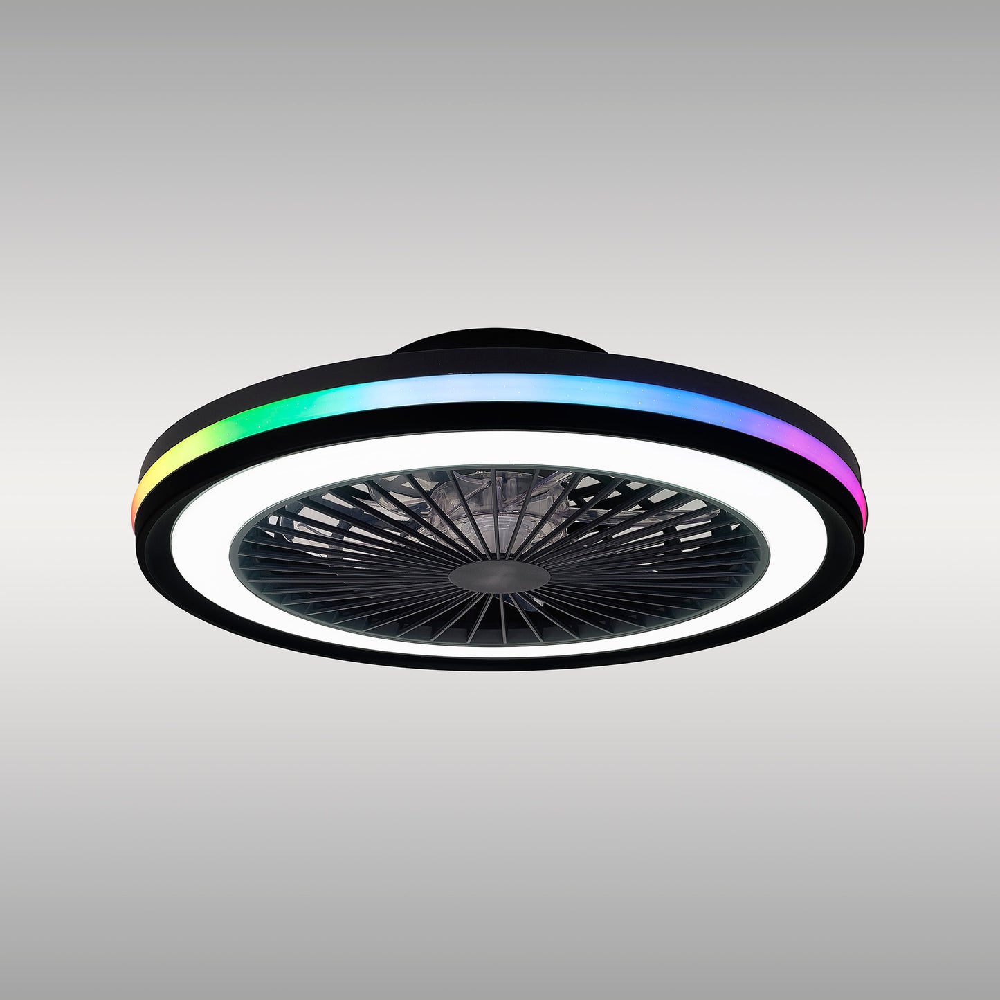 A contemporary 47cm ceiling fan by Ceiling Fans UK, featuring a stylish circular design with a central black 20W DC reversible fan and an outer ring of 40W LED dimmable white/RGB lights displaying a vivid gradient. Ideal for any room, this Gamer Small Black Ceiling Fan comes with remote control for effortless adjustments against a simple light gray background.