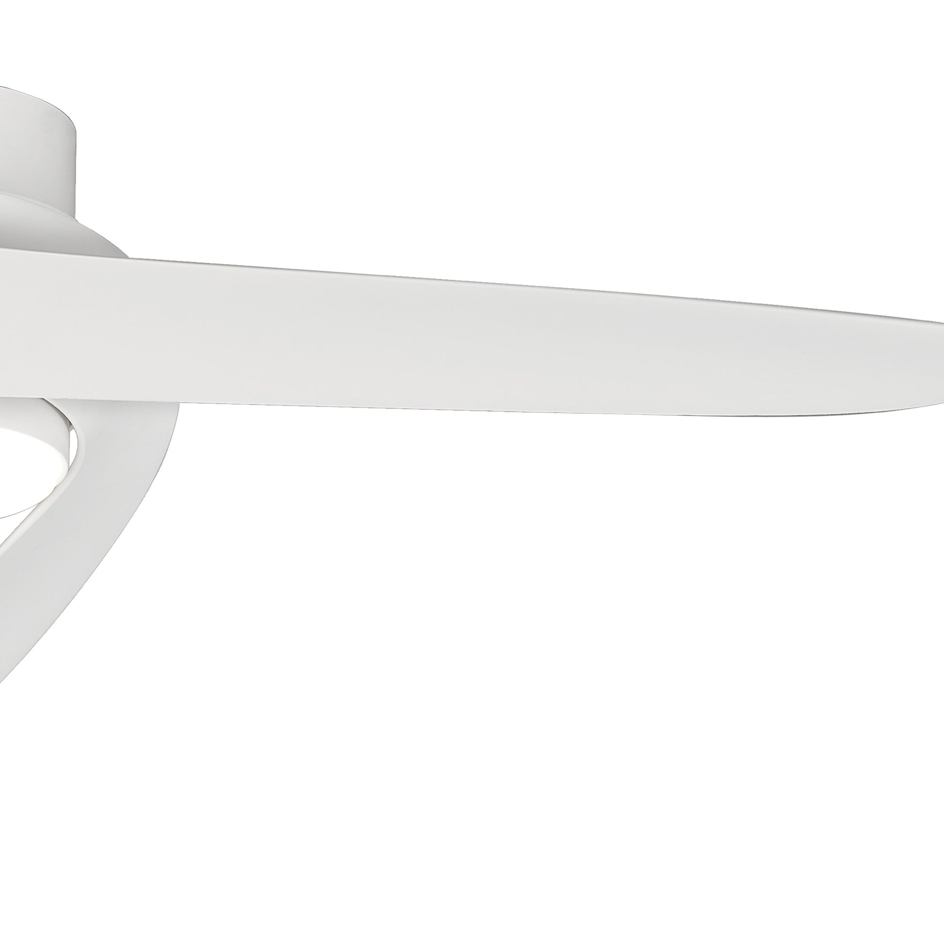 Close-up of the MANTRA M8708 Groenland White Ceiling Fan by Ceiling Fans UK, featuring a 122cm dimmable 24W LED light and built-in 30W DC fan with remote & app control, shown in white against a plain background.