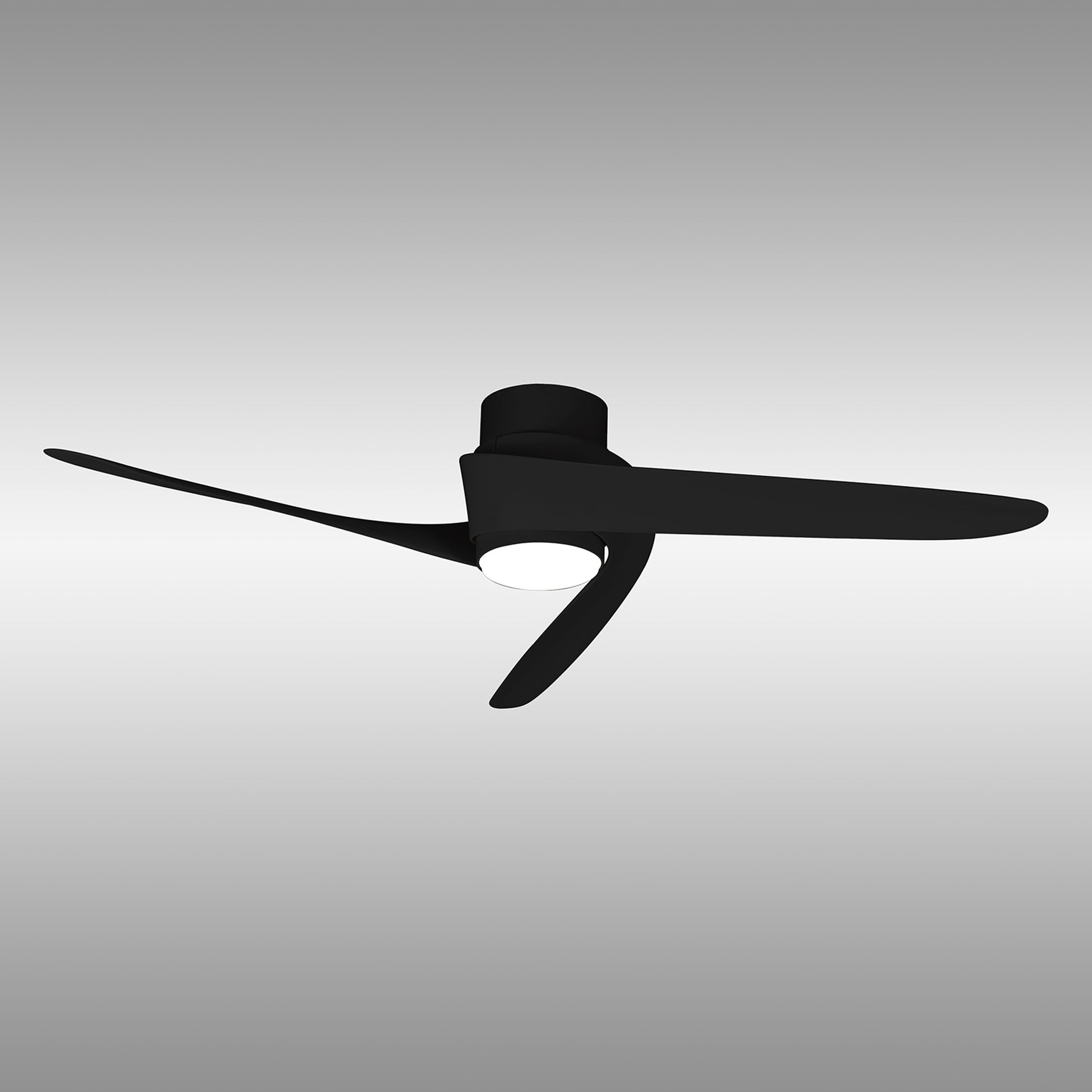 The MANTRA M8709 Groenland by Ceiling Fans UK is a modern black ceiling fan (122cm) with 3 blades, a 24W dimmable LED light, built-in 30W DC fan, remote & app control, and a 5-year warranty, shown on a plain gradient gray background.