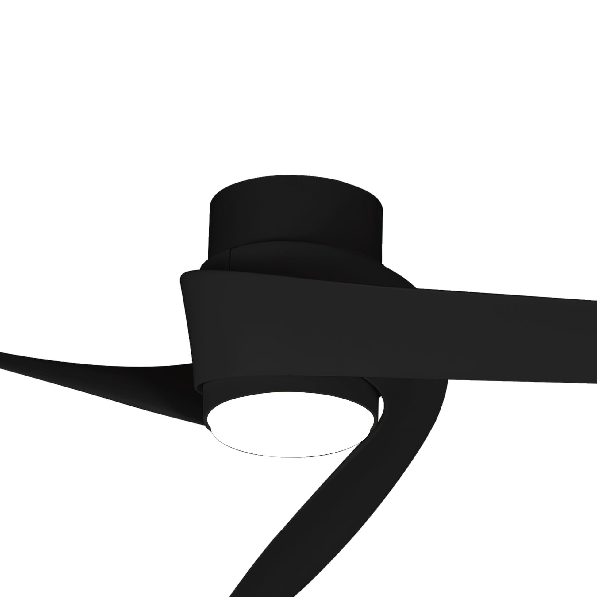 A close-up of the Ceiling Fans UK MANTRA M8709 Groenland Black Ceiling Fan with 122cm blades and a 24W dimmable LED light, featuring a built-in 30W DC fan, remote & app control, against a plain white background.