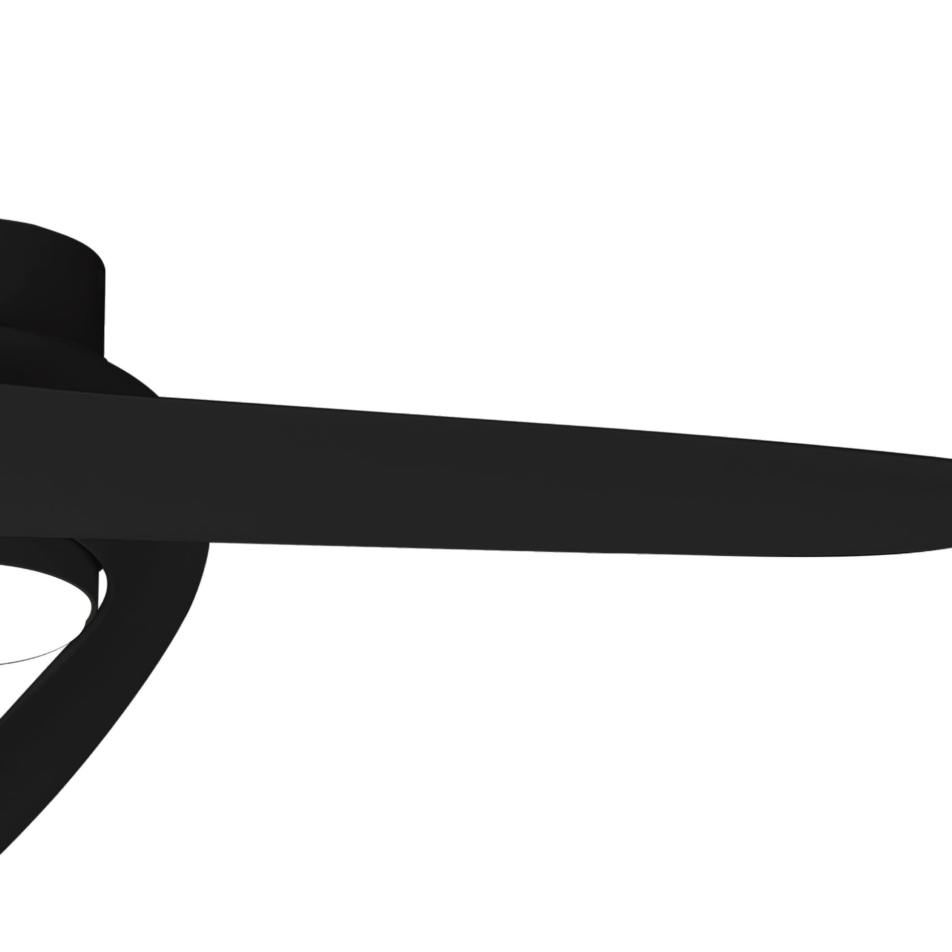 Close-up of the MANTRA M8709 Groenland Black Ceiling Fan by Ceiling Fans UK, featuring a sleek 122cm blade, dimmable 24W LED light, built-in 30W DC motor, and remote & app control—shown against a white background.
