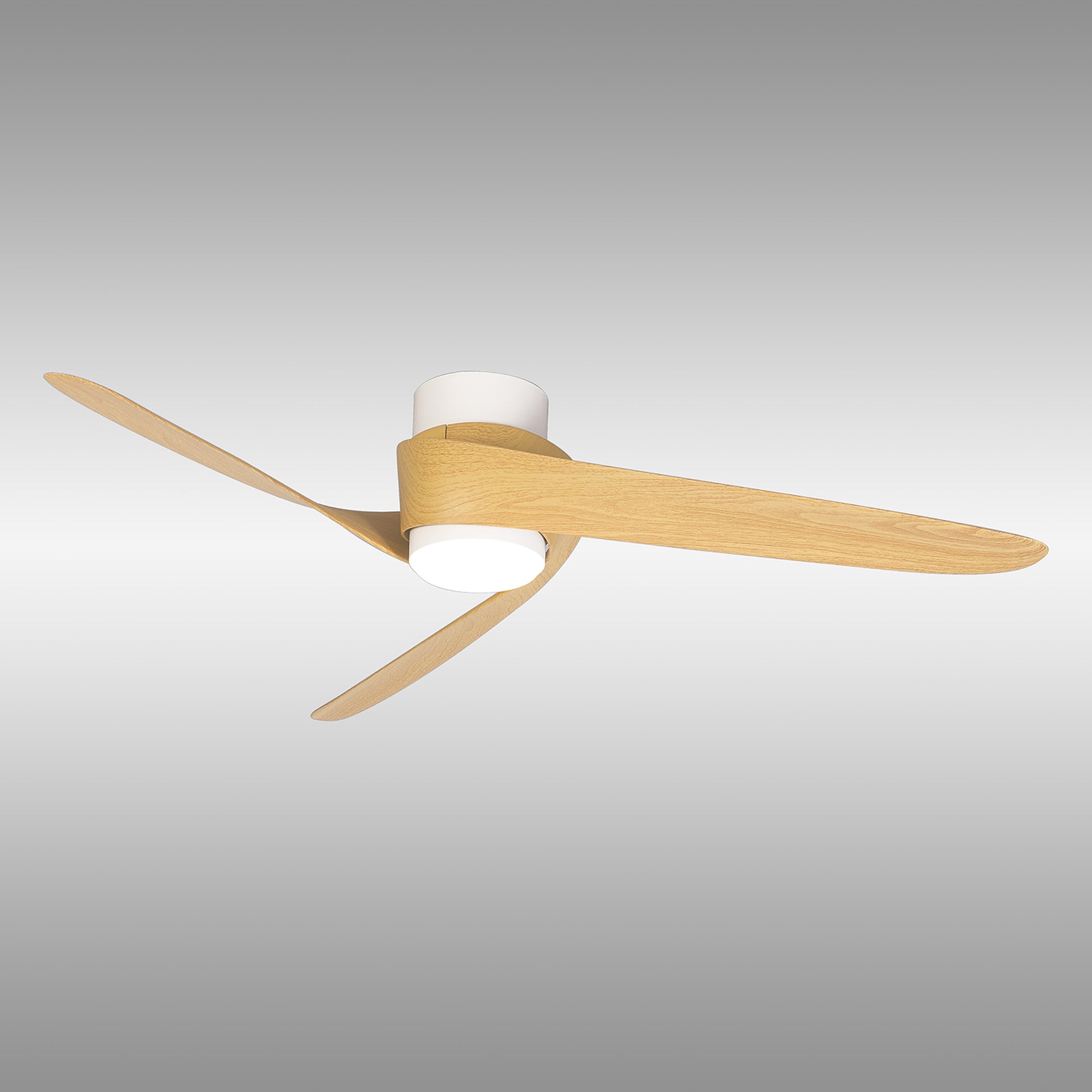 The Ceiling Fans UK MANTRA M8710 Groenland is a modern 122cm ceiling fan with two wood blades, a white cylindrical housing, a 24W dimmable LED light, built-in 30W DC fan, remote and app control. Mounted on a light gray gradient background.
