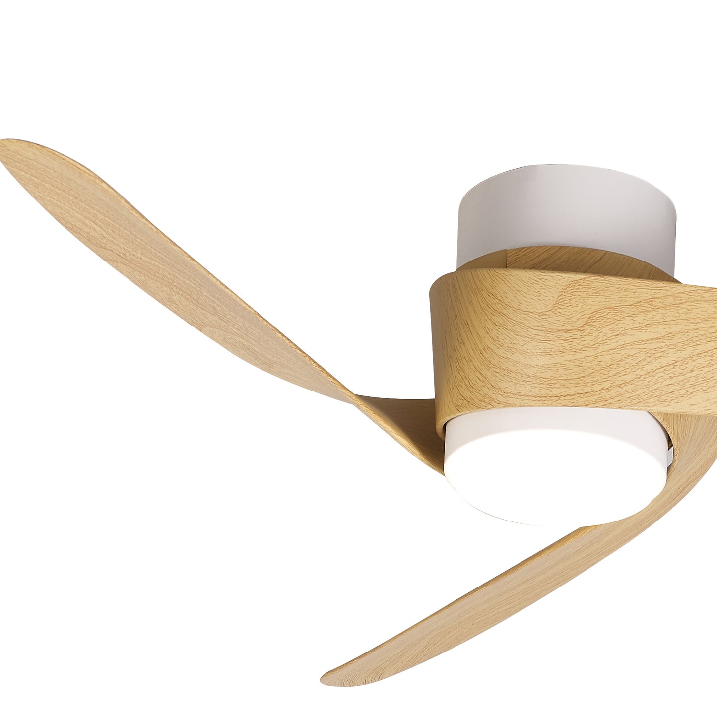 The Ceiling Fans UK MANTRA M8710 Groenland 122cm ceiling fan features two curved wood blades, a dimmable 24W LED light, built-in 30W DC fan, white finish, remote and APP control, and comes with a 5-year warranty.
