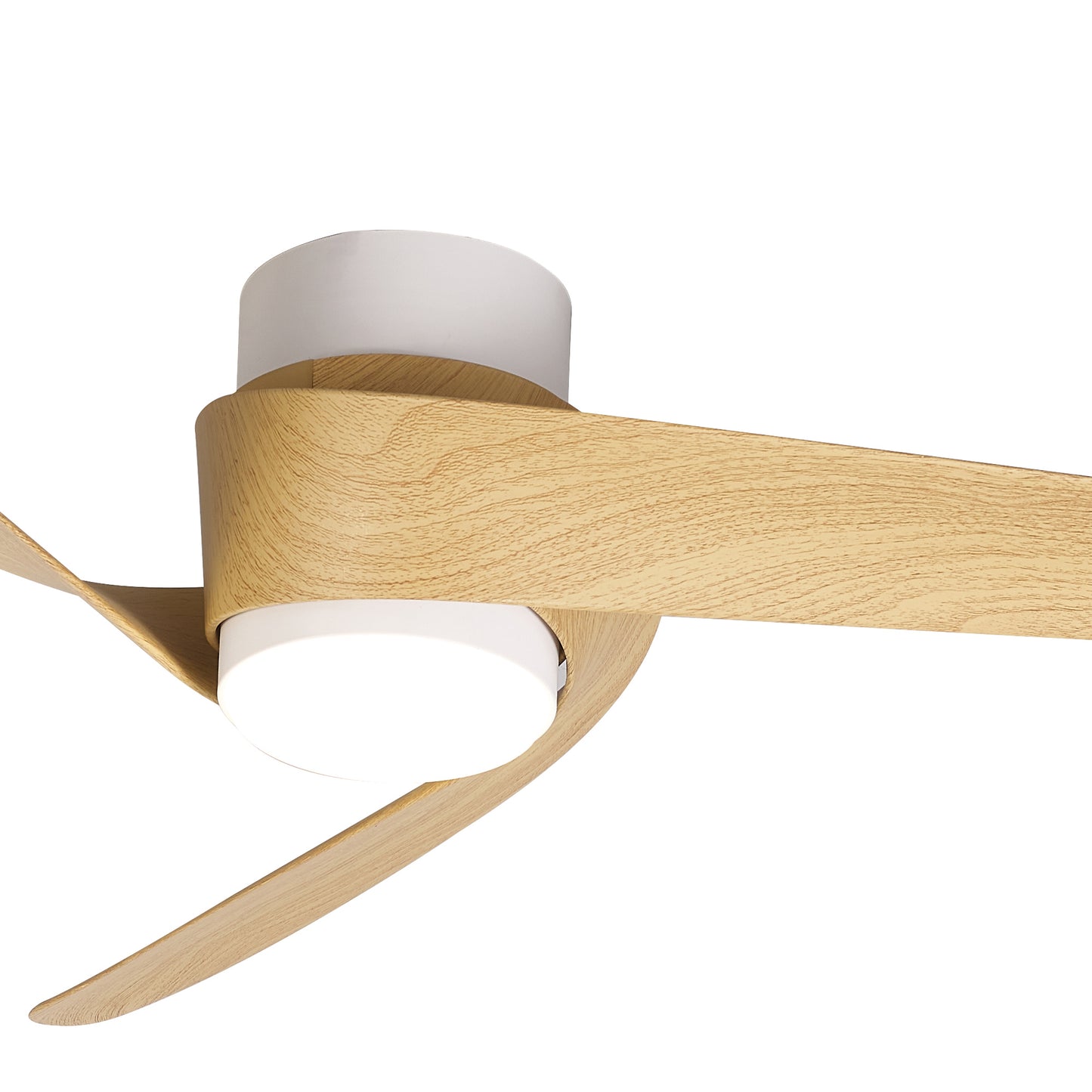 The Ceiling Fans UK MANTRA M8710 Groenland is a 122cm white/wood ceiling fan with dimmable 24W LED light, built-in 30W DC fan, remote & app control, and 5-year warranty, featuring modern design and photographed on a white background.