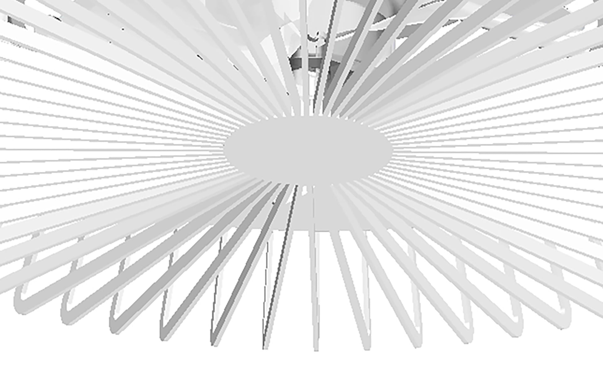 The image showcases the Ceiling Fans UK Himalaya White Ceiling Fan with Light, featuring a contemporary design with numerous thin white blades arranged in a circular pattern. When viewed from below, the blades create an optical illusion of radiating lines converging at the center. This fan seamlessly integrates Alexa/Google Voice Control and comes with a 63cm 70W LED dimmable light, a 35W DC reversible motor, and includes remote control and APP functionality, backed by a 5-year warranty.