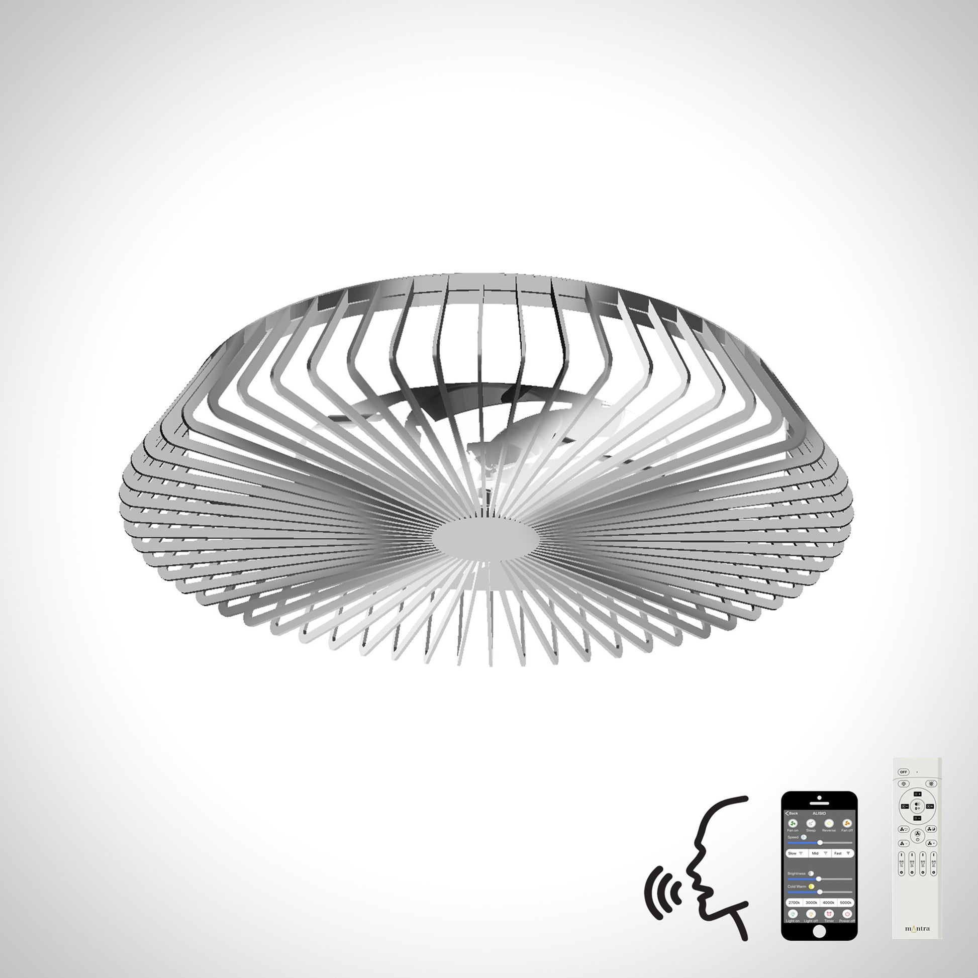 The Ceiling Fans UK Himalaya Silver Ceiling Fan with Light boasts a 63cm design featuring a 70W LED light and a 35W DC reversible fan. It includes a remote control system, supports Alexa/Google Voice Control, and integrates with smartphone apps, all presented against a simple white background with icons to depict its features. Plus, it comes with a 5-year warranty.