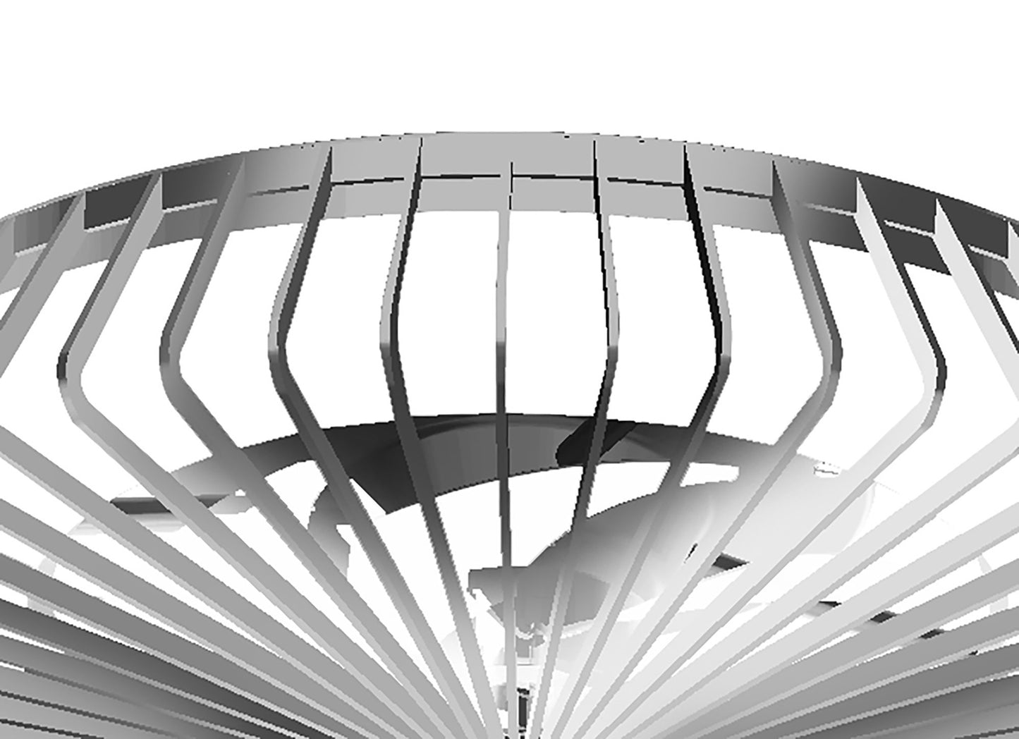 Close-up view of the Ceiling Fans UK Himalaya Silver Ceiling Fan, featuring curved, metallic blades encased in a circular cage design. The image accentuates the abstract blade arrangement and geometric cage pattern, enhanced by a 63cm 70W dimmable LED light to create additional ambiance.