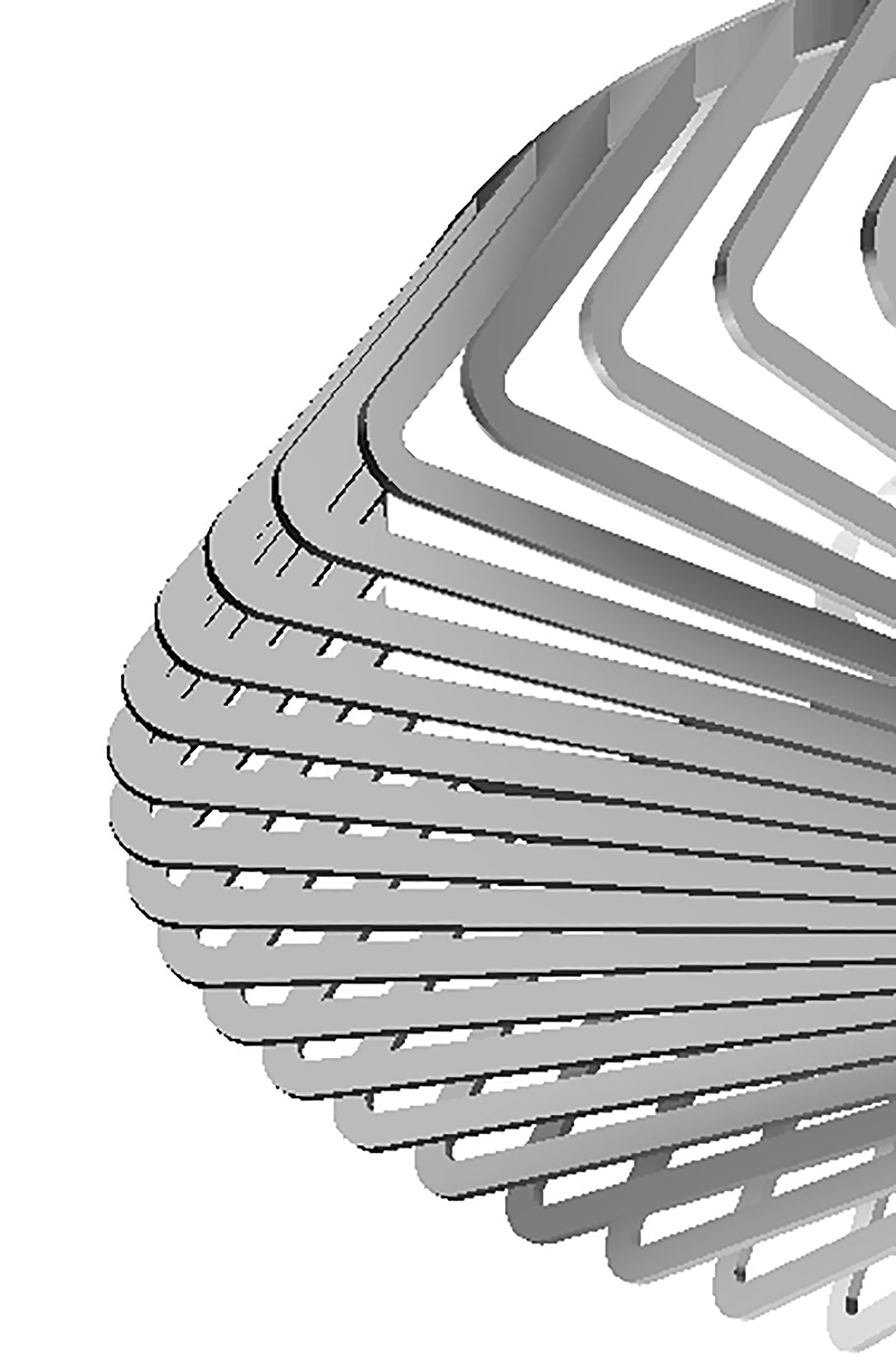 An abstract image showcasing a series of overlapping silver, curved metal frames, evoking the design of the Himalaya Silver Ceiling Fan with Light from Ceiling Fans UK. The geometric pattern repeats against a white background, creating a sense of depth and movement for an engaging visual composition.
