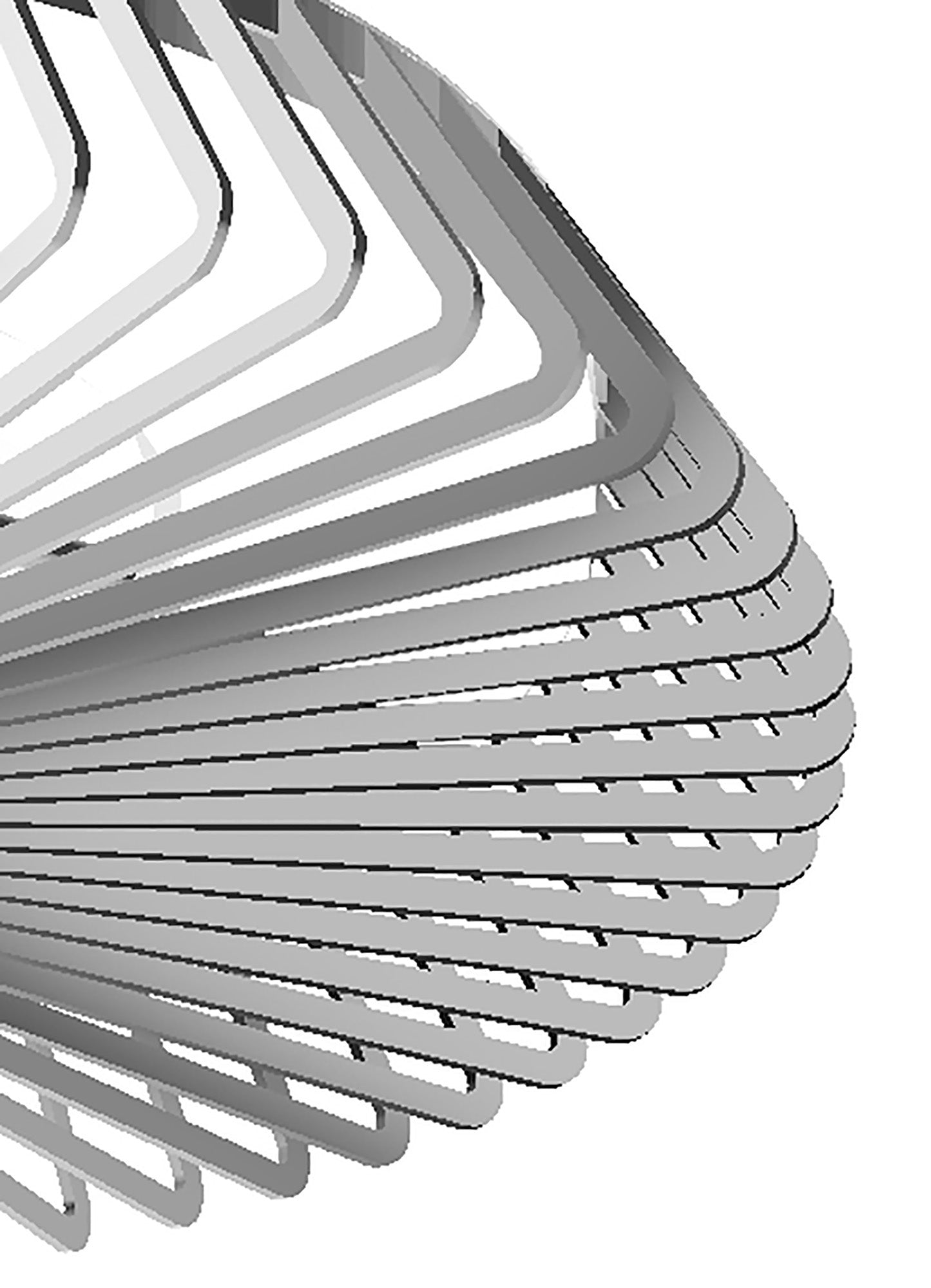 Abstract image of layered metal or steel geometric shapes resembling a Ceiling Fans UK Himalaya Silver Ceiling Fan with Light, 63cm 70W LED Light With 35W DC Reversible Fan, against a white background. The structures, like overlapping sheets with a reflective surface, evoke a modern, industrial aesthetic.