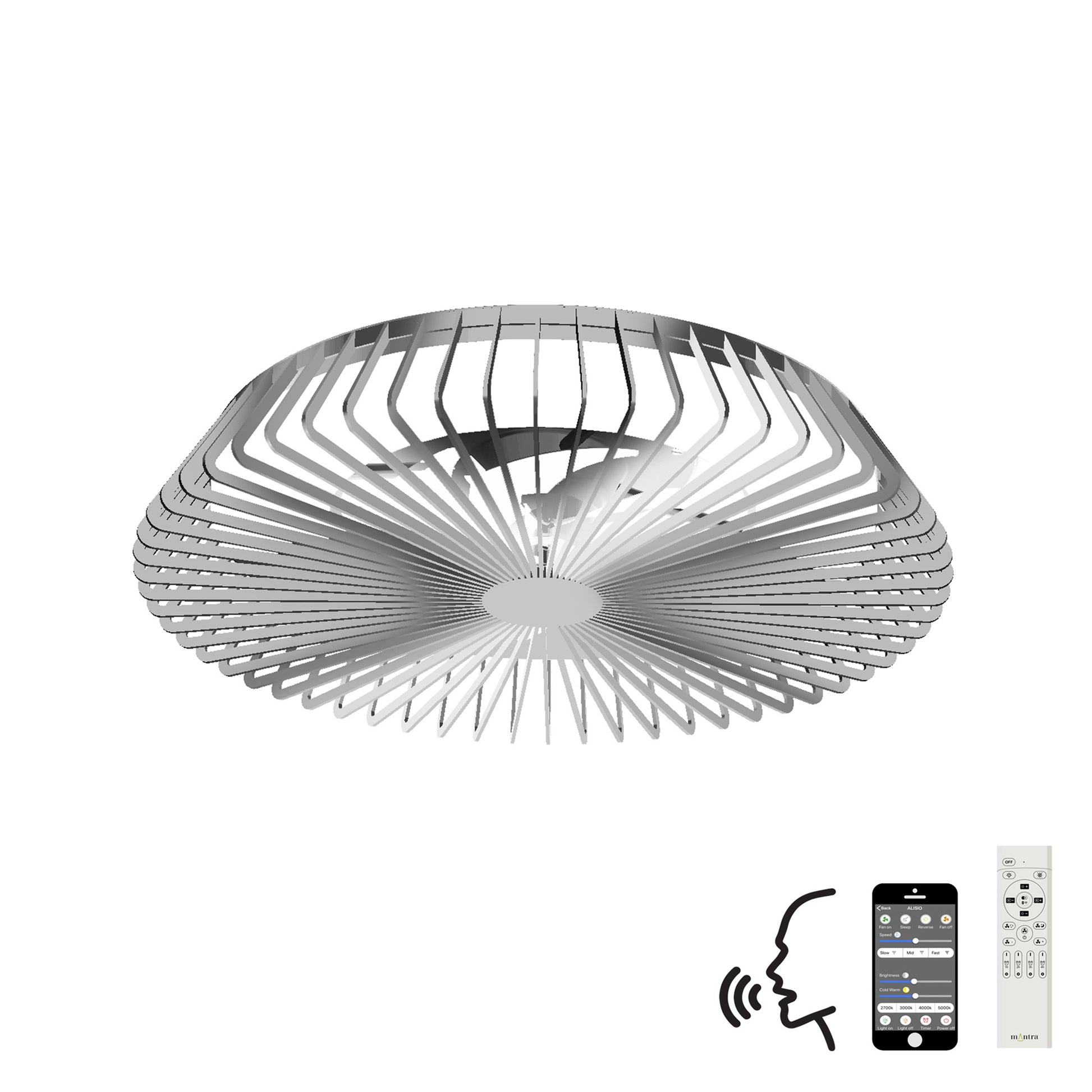 Introducing the Himalaya Silver Ceiling Fan from Ceiling Fans UK, featuring a contemporary circular design with sleek, thin blades. This 63cm fan boasts a powerful 70W LED dimmable light and a 35W DC reversible motor. Equipped with smart technology, it includes smartphone app control, remote control functionality, and compatibility with Alexa/Google voice commands—perfect for modern home convenience. Enjoy peace of mind with its 5-year warranty.