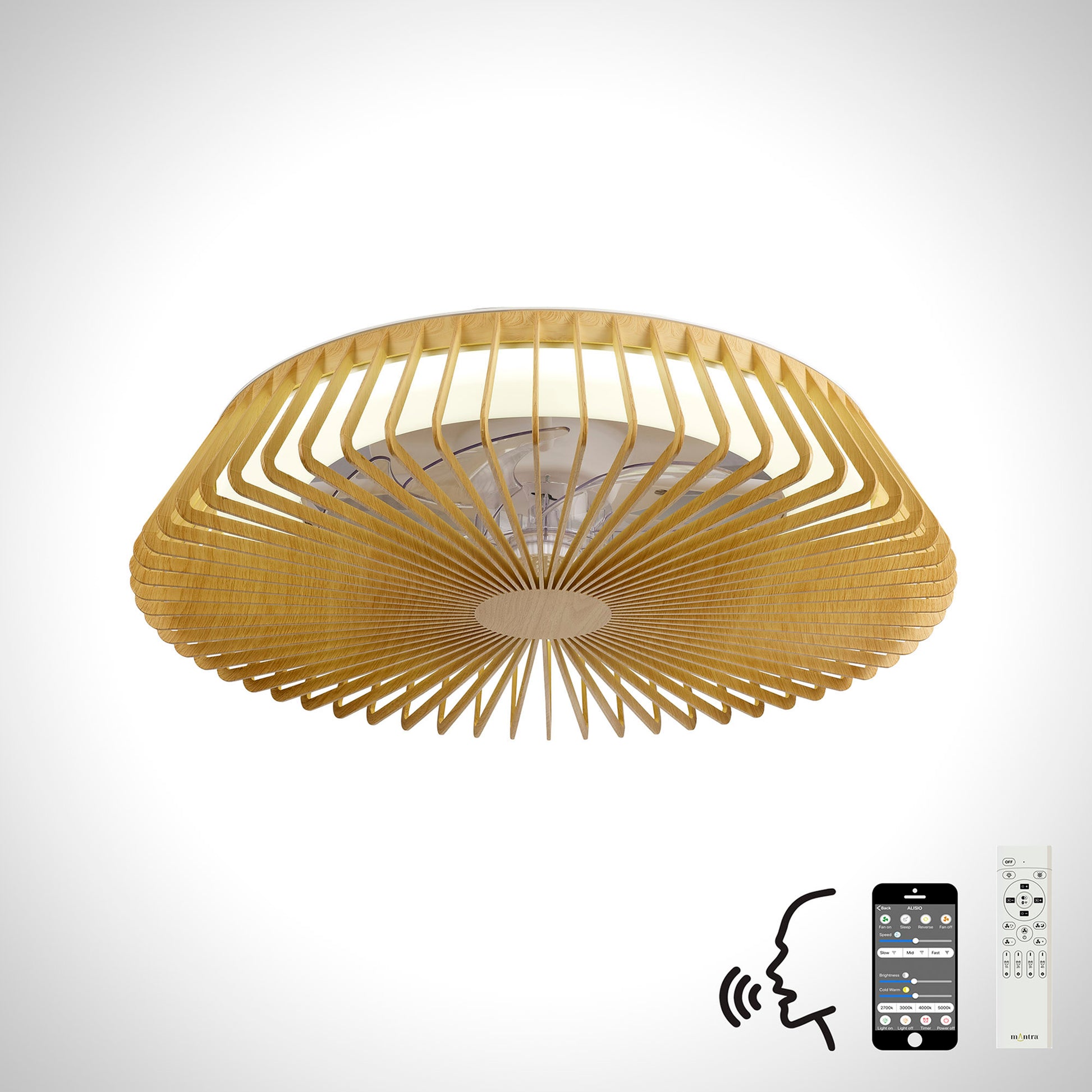 The contemporary Himalaya Wood Ceiling Fan by Ceiling Fans UK showcases a circular wooden lattice design with an integrated 70W LED dimmable light. Additionally, the fan supports Alexa/Google voice control and a smartphone app, and comes with a remote control.