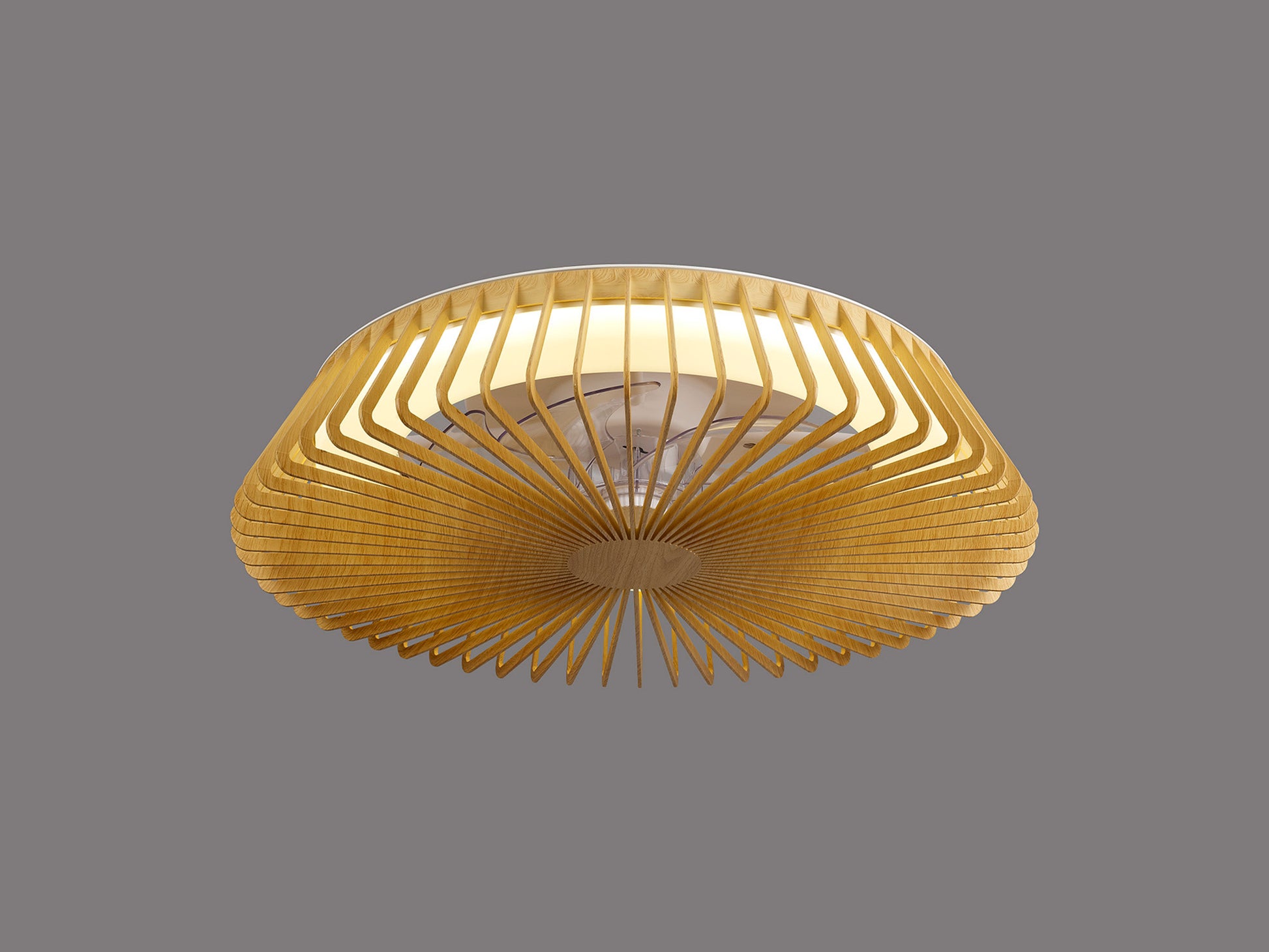 The Himalaya Wood Ceiling Fan with Light from Ceiling Fans UK features a sleek wooden slatted design that casts a warm glow against a gray background. Its circular shape and intricate pattern offer a stylish, contemporary look, enhanced by the 70W LED dimmable light. This fixture is compatible with Alexa/Google Voice Control for seamless integration into any modern home.