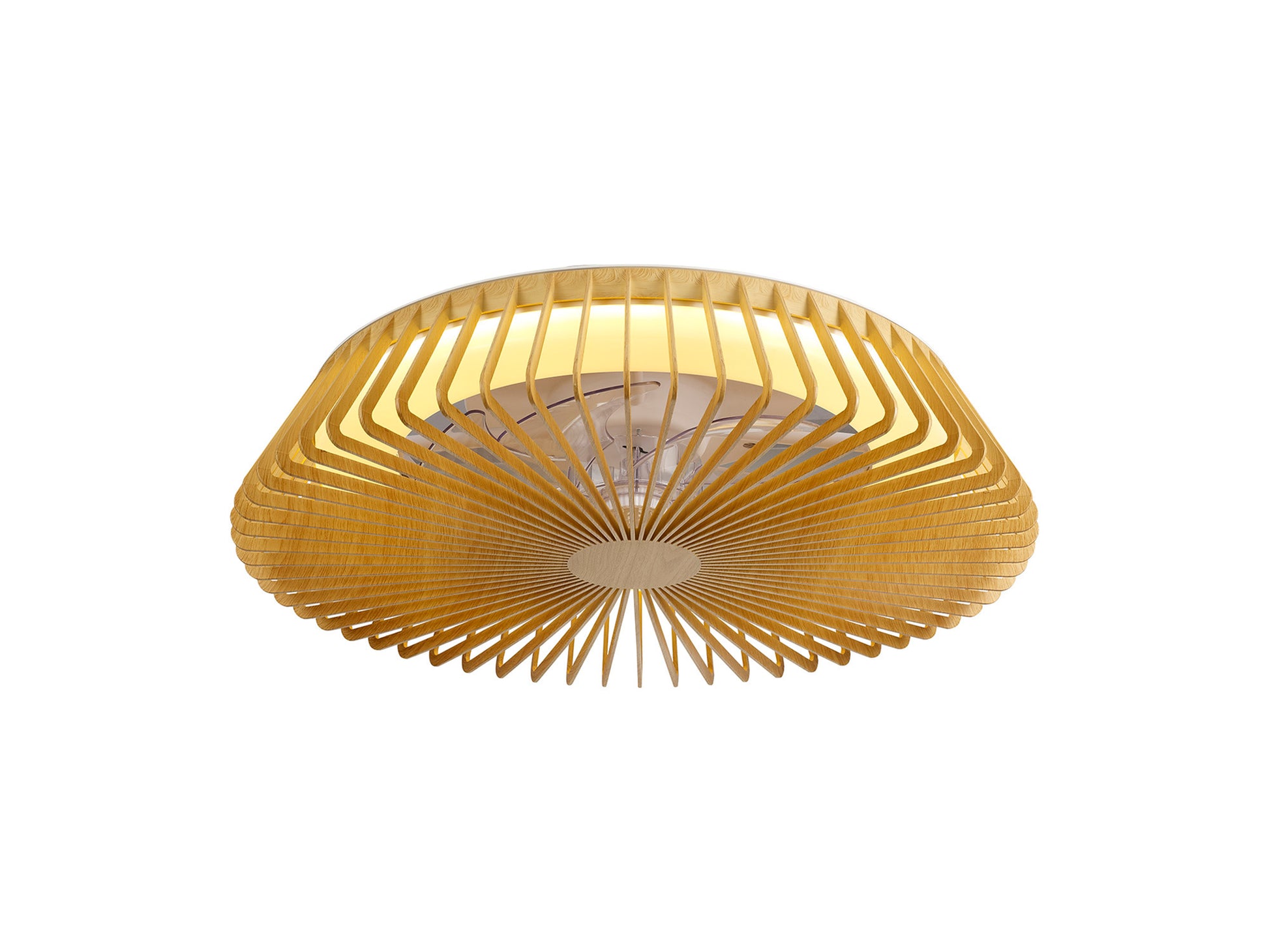 Introducing the Himalaya Wood Ceiling Fan with Light by Ceiling Fans UK, featuring a modern round design with a wooden lattice pattern and a 70W LED dimmable light. This fan emits a warm glow that accentuates its intricate structure. Enhanced with Alexa/Google Voice Control compatibility, it blends natural elements with contemporary style seamlessly.