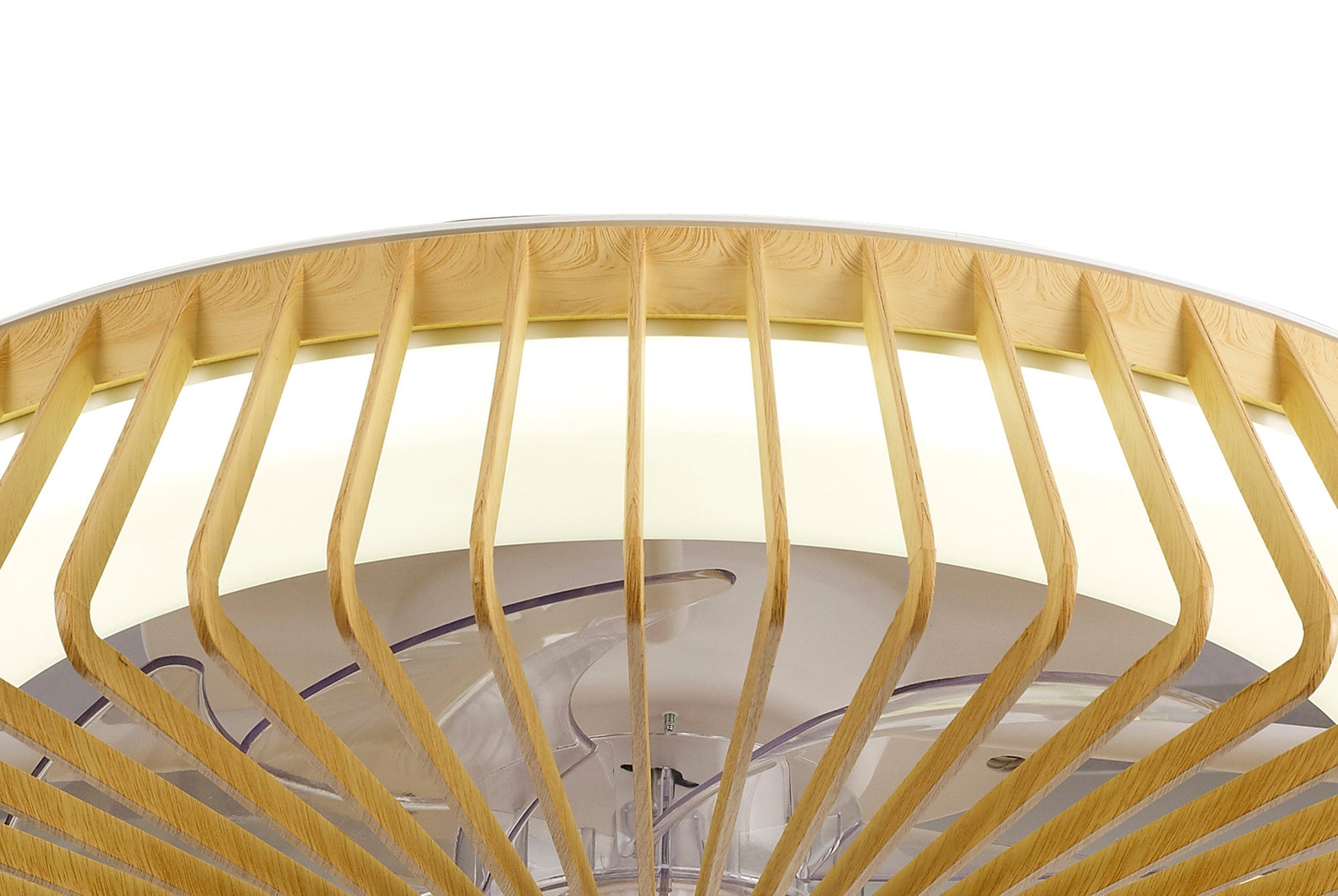 Close-up of a modern ceiling fixture featuring wooden slats arranged in a circular pattern around a central 70W LED dimmable light. The design evokes the artistic and geometric style of the Himalaya Wood Ceiling Fan with Light by Ceiling Fans UK, seamlessly blending natural wood tones with sleek, contemporary aesthetics.