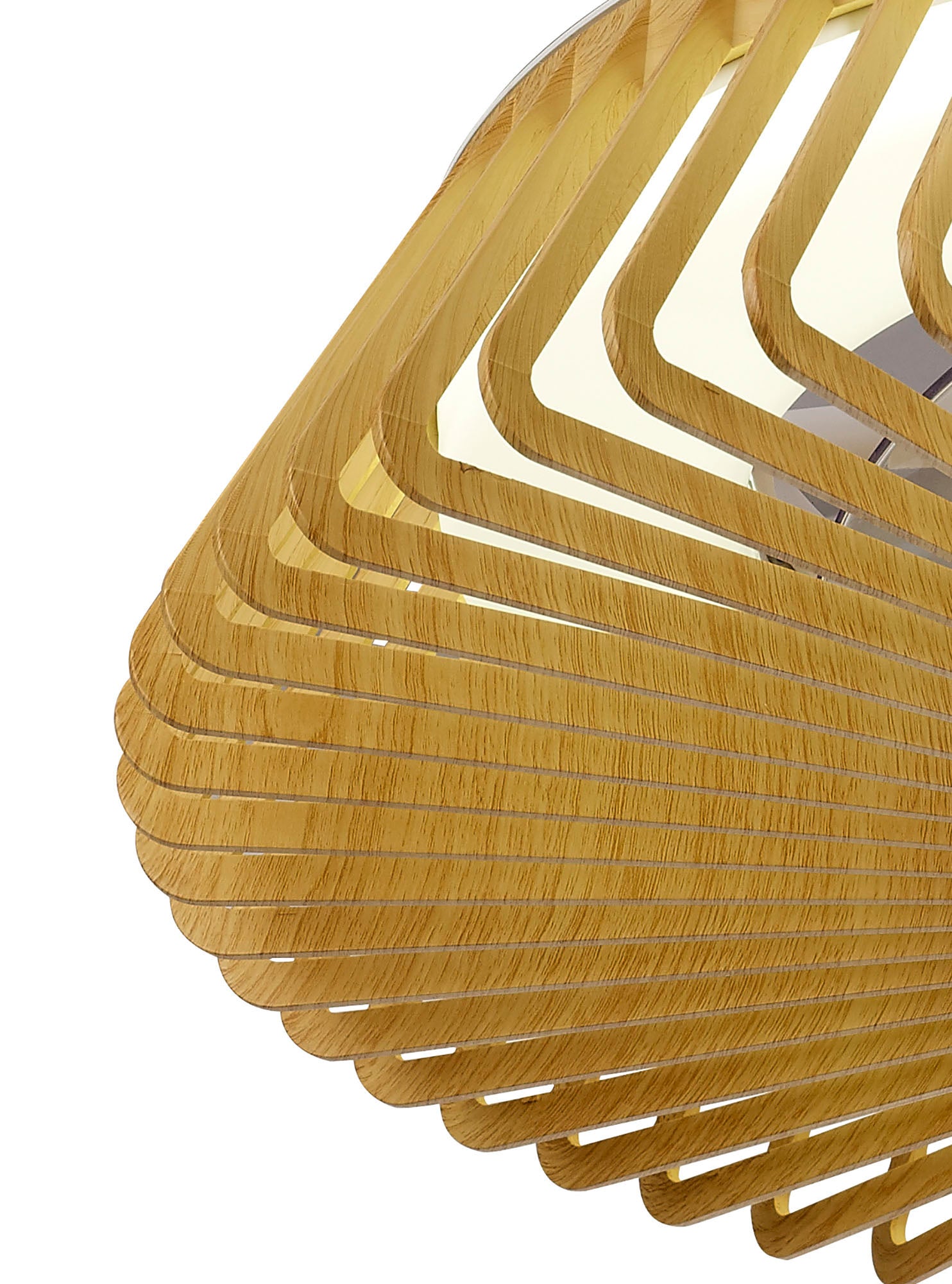 A detailed view of the Himalaya Wood Ceiling Fan with Light by Ceiling Fans UK reveals a sophisticated design featuring LED dimmable lighting. The fan's curved wooden slats are layered to produce a warm and inviting ambiance, accentuating the textured aesthetic as it appears to hang effortlessly from an invisible ceiling.