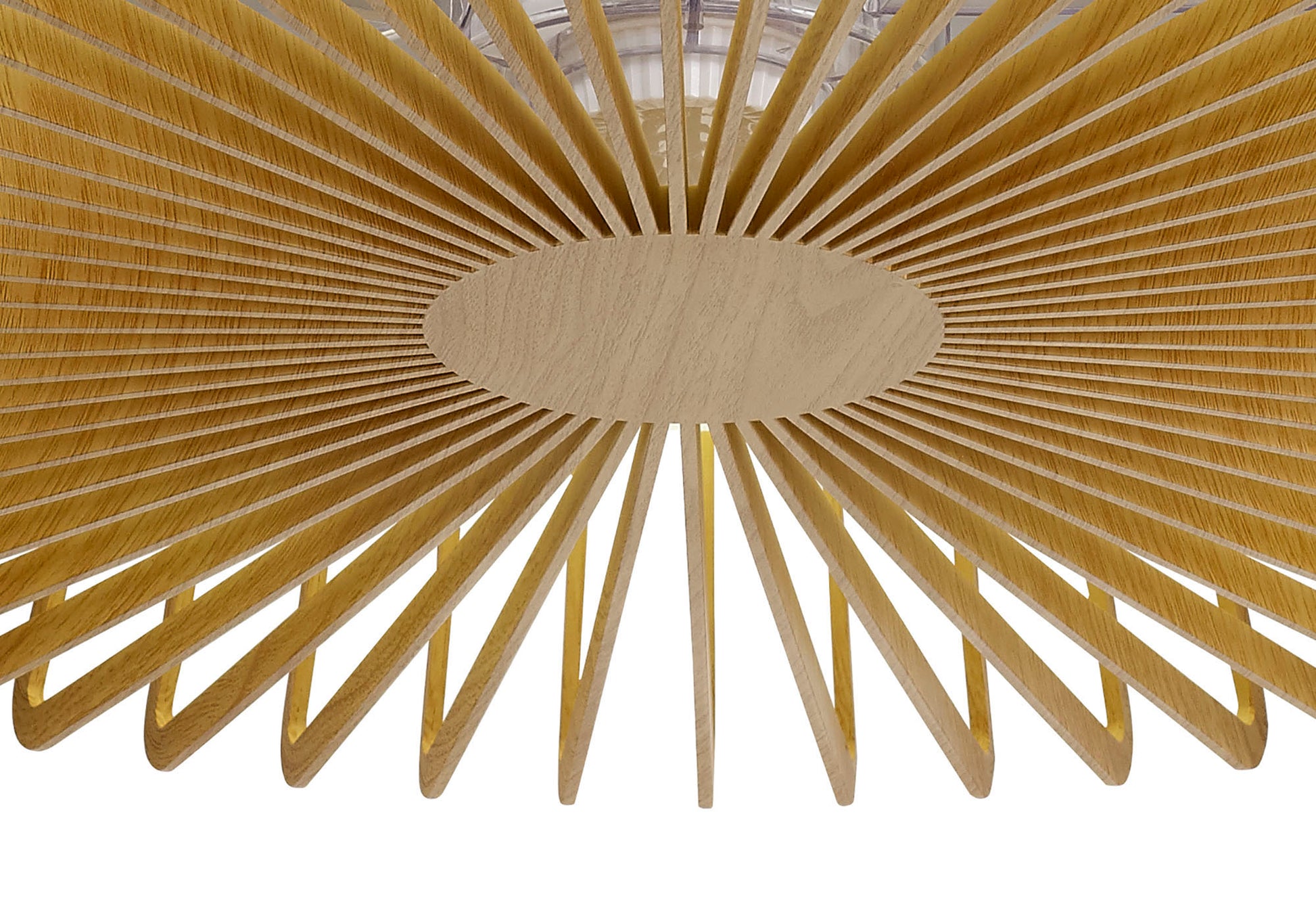 A close-up view reveals a wooden lattice structure with a circular design, reminiscent of the elegant pattern found in the Himalaya Wood Ceiling Fan with Light by Ceiling Fans UK. The radial slats extend outward from a central point, creating a sunburst effect. The intricate craftsmanship and natural wood texture are pronounced.
