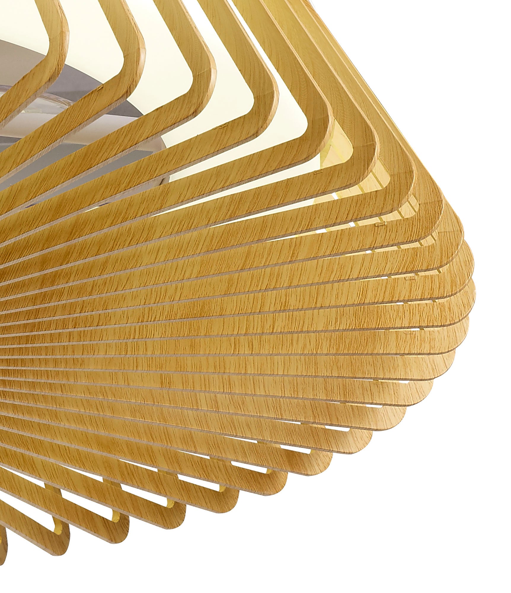 Close-up of the Himalaya Wood Ceiling Fan with Light by Ceiling Fans UK, showcasing its modern design with overlapping wooden slats that create an abstract geometric pattern. The dimmable 70W LED light softly illuminates through the gaps, emphasizing the smooth texture and natural grain of the wood, ideal for seamless integration with Alexa or Google Voice Control.