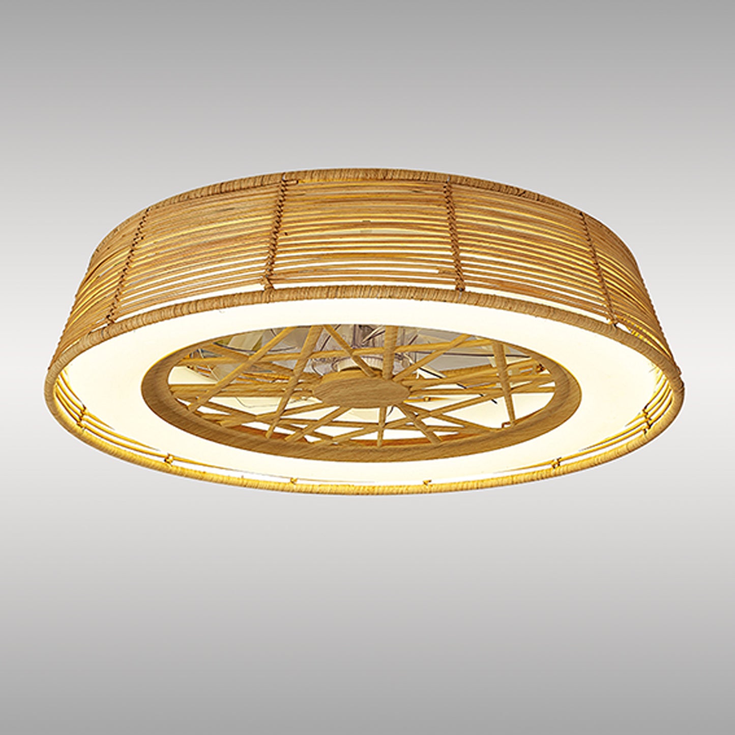 The Ceiling Fans UK Indonesia Beige Rattan Ceiling Fan with Light features a woven design and an LED dimmable ring, providing a warm and inviting atmosphere. The frame's natural wood finish beautifully complements its surroundings, highlighted against a plain gray background.