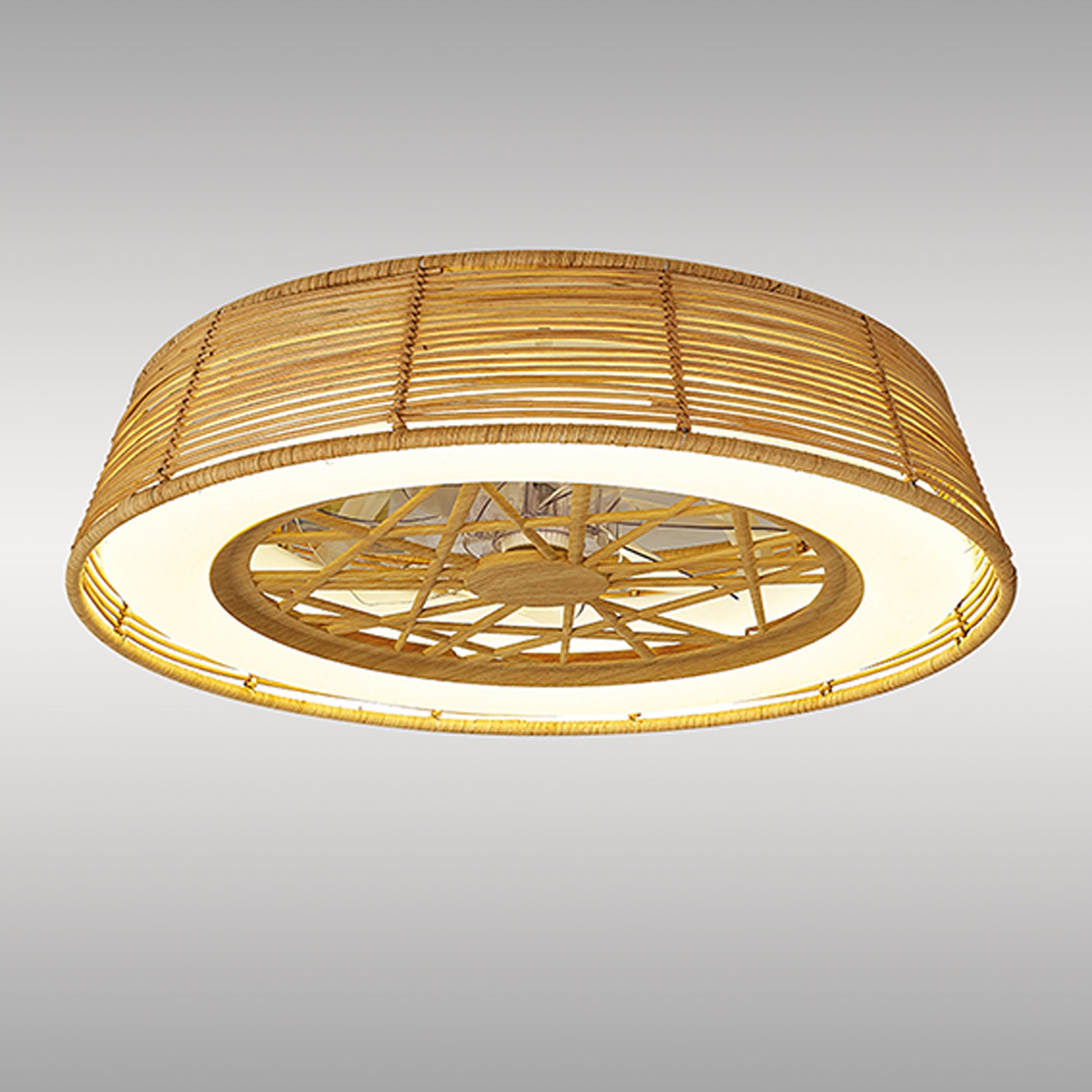 The Ceiling Fans UK Indonesia Beige Rattan Ceiling Fan with Light features a woven design and an LED dimmable ring, providing a warm and inviting atmosphere. The frame's natural wood finish beautifully complements its surroundings, highlighted against a plain gray background.