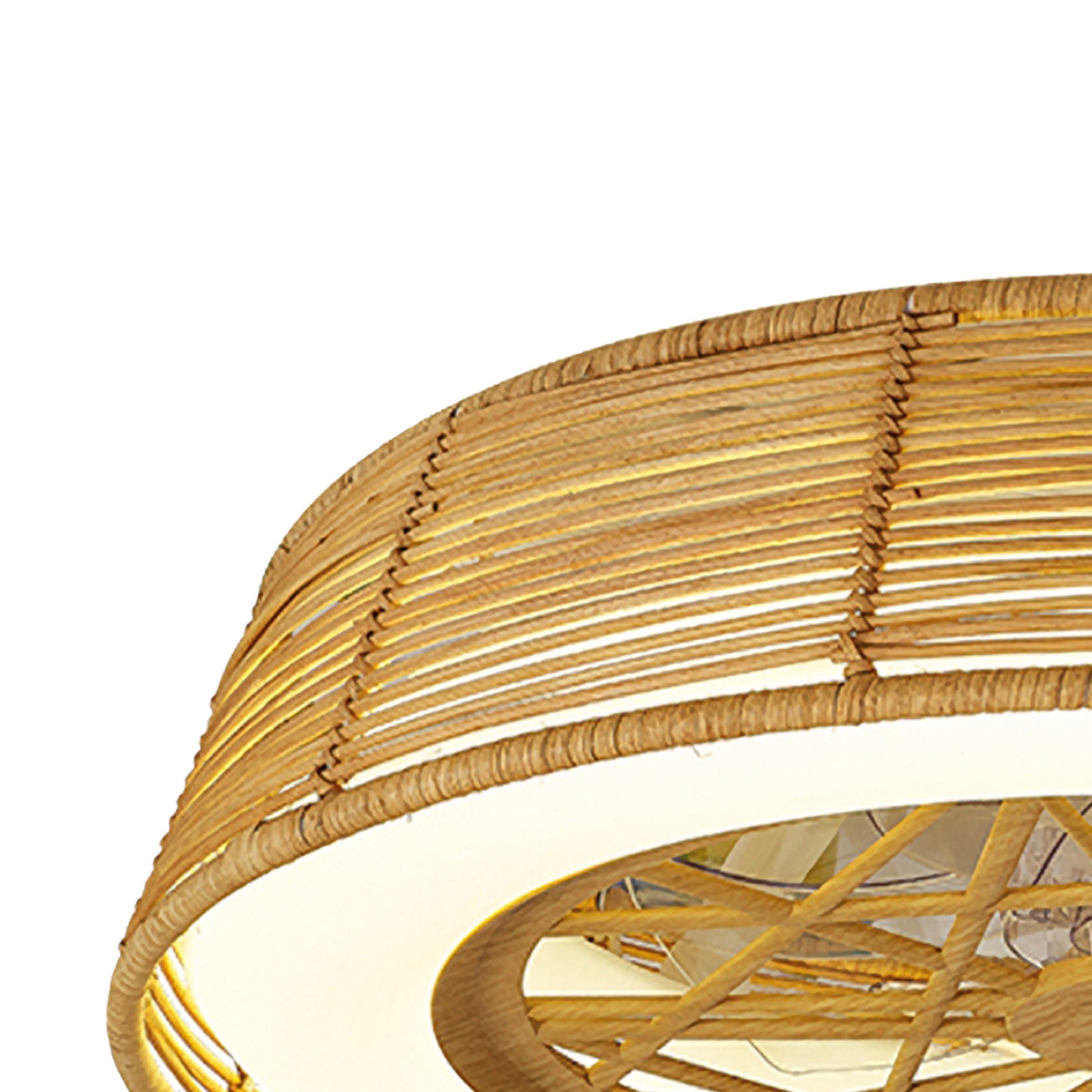 The Indonesia Beige Rattan Ceiling Fan with Light by Ceiling Fans UK features a circular design and a natural woven pattern. When the 70W dimmable LED light is turned on, it emits a warm glow that beautifully highlights the texture of its beige rattan material.