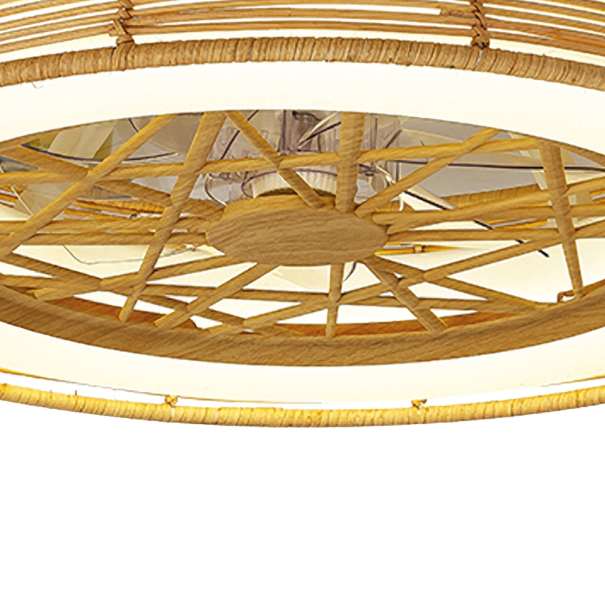 A close-up of the Indonesia Beige Rattan Ceiling Fan with light by Ceiling Fans UK, showcasing its modern design with rattan blades and integrated 70W LED dimmable lighting. Featuring a geometric openwork design, the fan has a beige rattan structure and includes a built-in reversible 35W DC fan that complements the warm glow of its 4200lm lights.