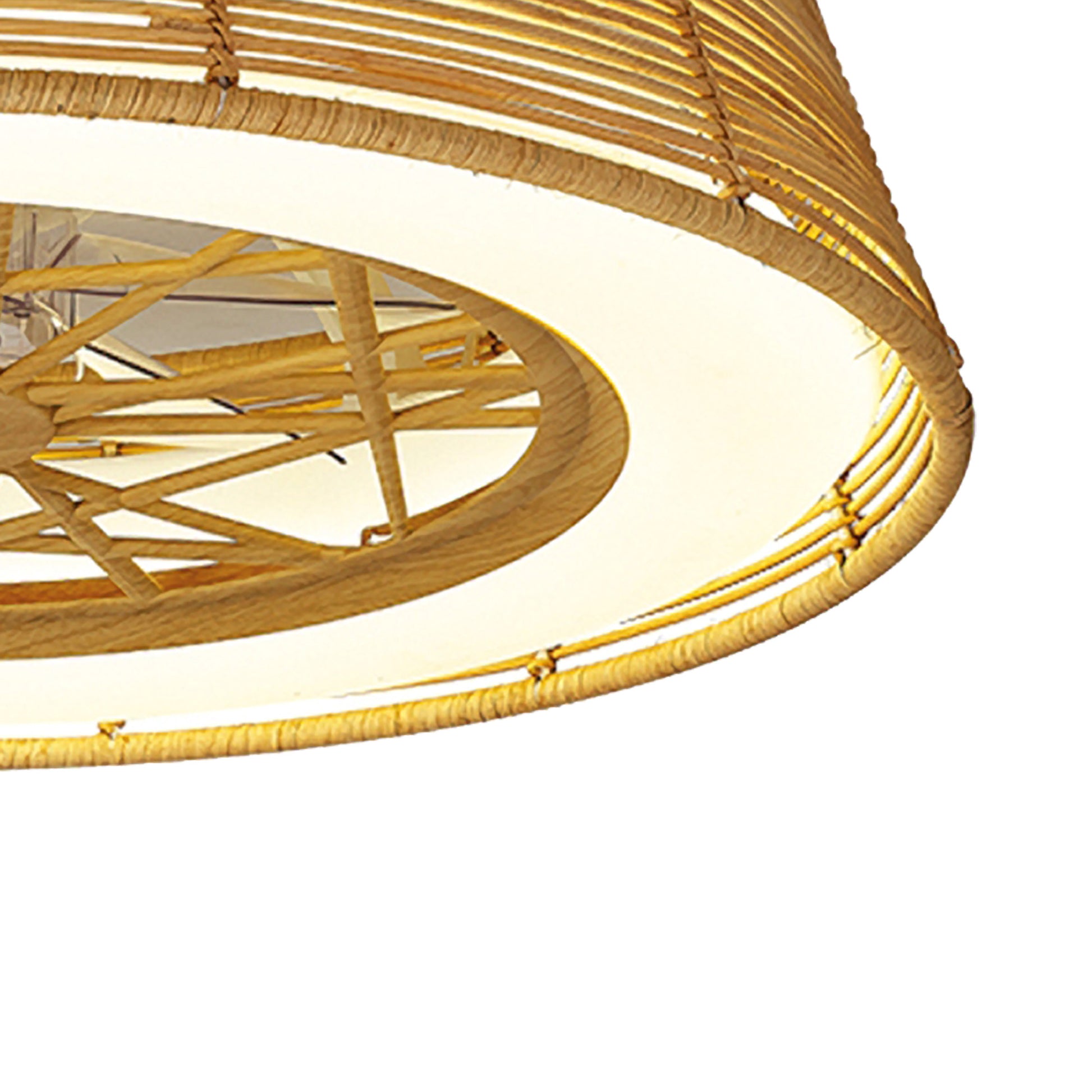 Close-up of a contemporary ceiling light featuring a circular, wicker-style frame and dimmable LED capabilities. The design emits a warm glow, providing a natural, rustic ambiance that complements the Indonesia Beige Rattan Ceiling Fan from Ceiling Fans UK, seamlessly blending into the aesthetic with its beige rattan finish.