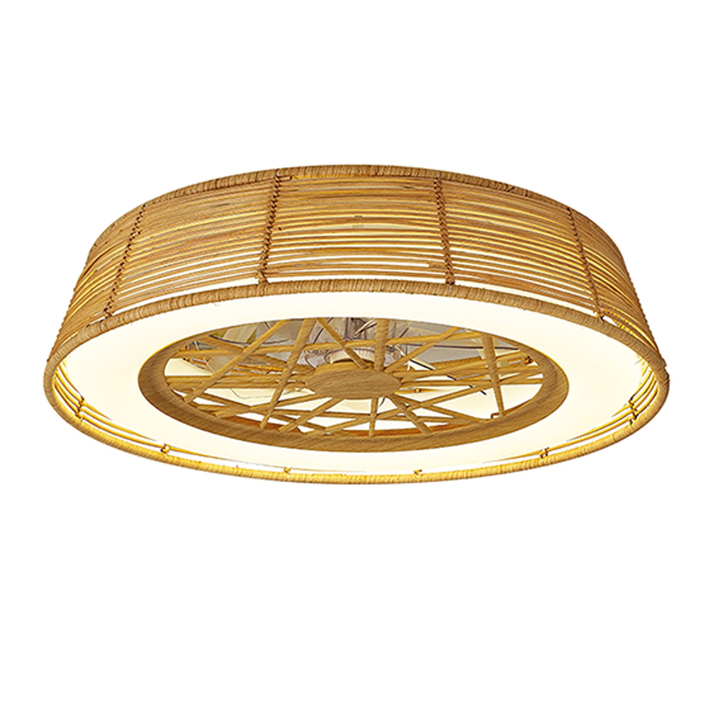 The Indonesia Beige Rattan Ceiling Fan with Light by Ceiling Fans UK boasts a circular design crafted from beige rattan, with its outer frame composed of woven rattan strands encircling the radiant light. This piece offers an open, airy appearance that allows the light to illuminate beautifully.