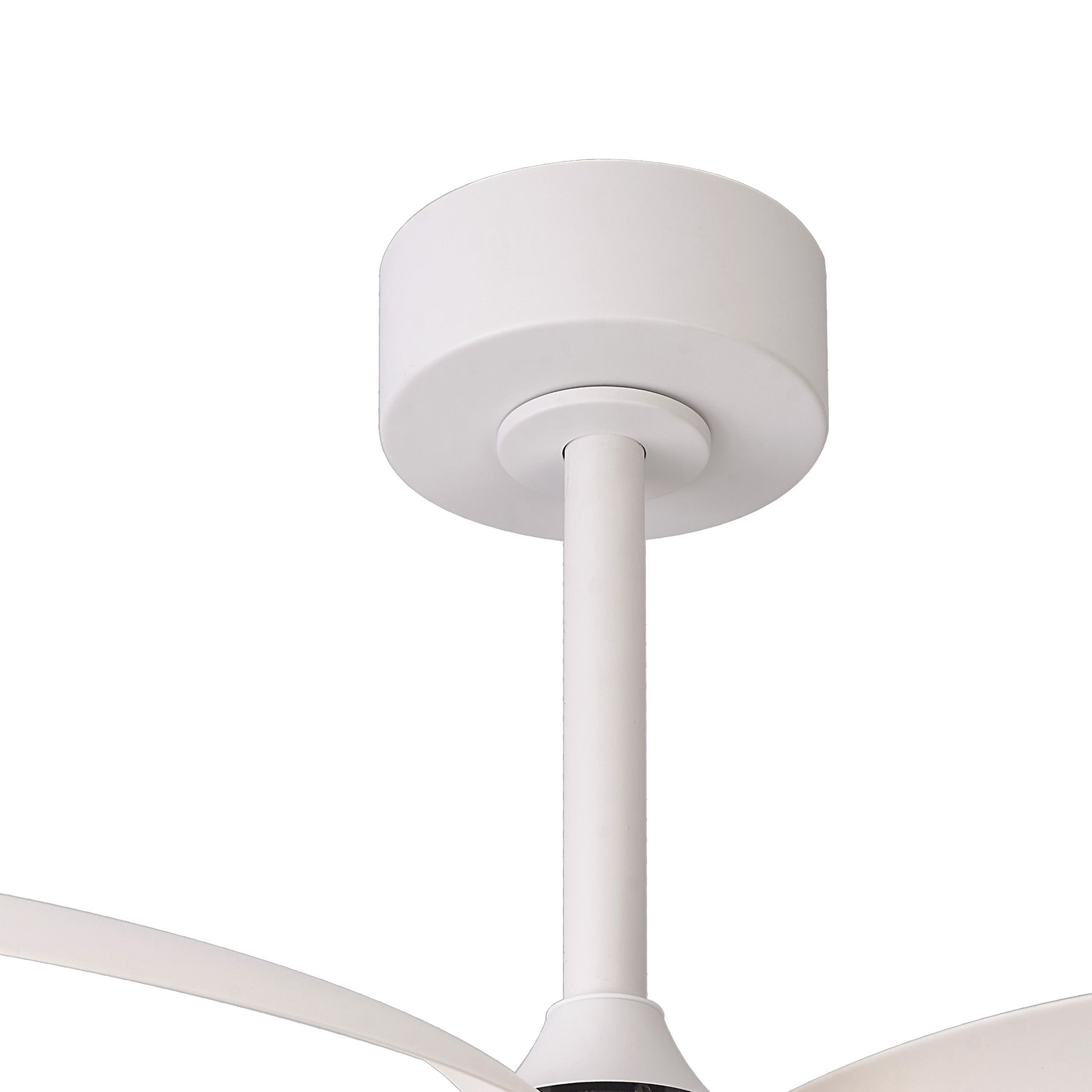 A close-up of the MANTRA M8700 Infinity White Ceiling Fan by Ceiling Fans UK, featuring a cylindrical canopy, straight downrod, 92.6cm dimmable LED light (24W), built-in 30W DC reversible fan, and remote control against a white background.