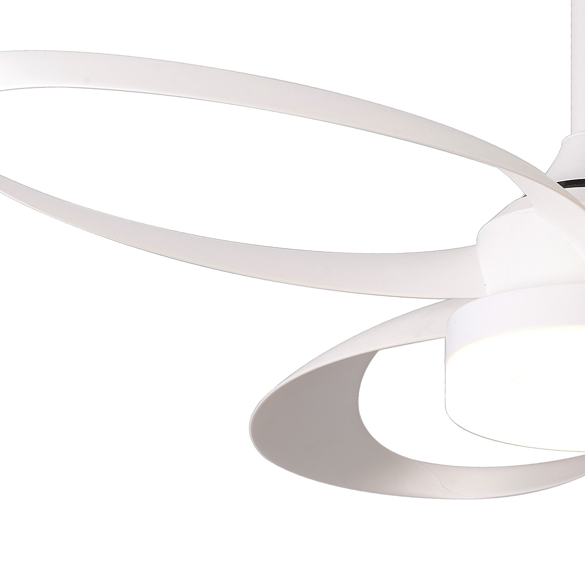 Close-up of the MANTRA M8700 Infinity White Ceiling Fan by Ceiling Fans UK, featuring curved blades and a cylindrical 24W dimmable LED light, with a built-in 30W DC reversible motor and remote control, set against a white background.