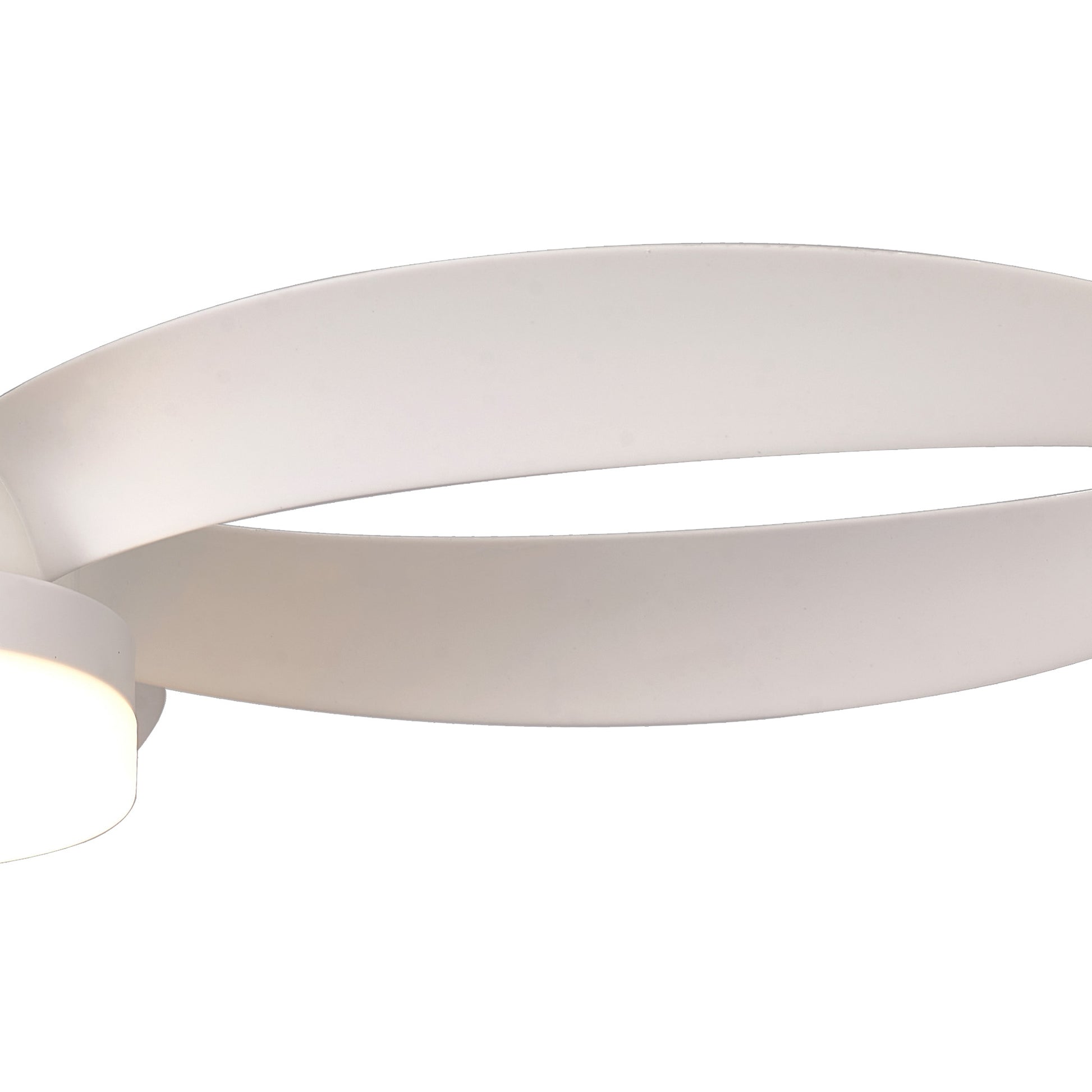 A close-up of the MANTRA M8700 Infinity White Ceiling Fan by Ceiling Fans UK, a modern 92.6cm fixture featuring a 24W dimmable LED light, built-in 30W DC reversible fan, and sleek ring design with remote control against a plain white background.