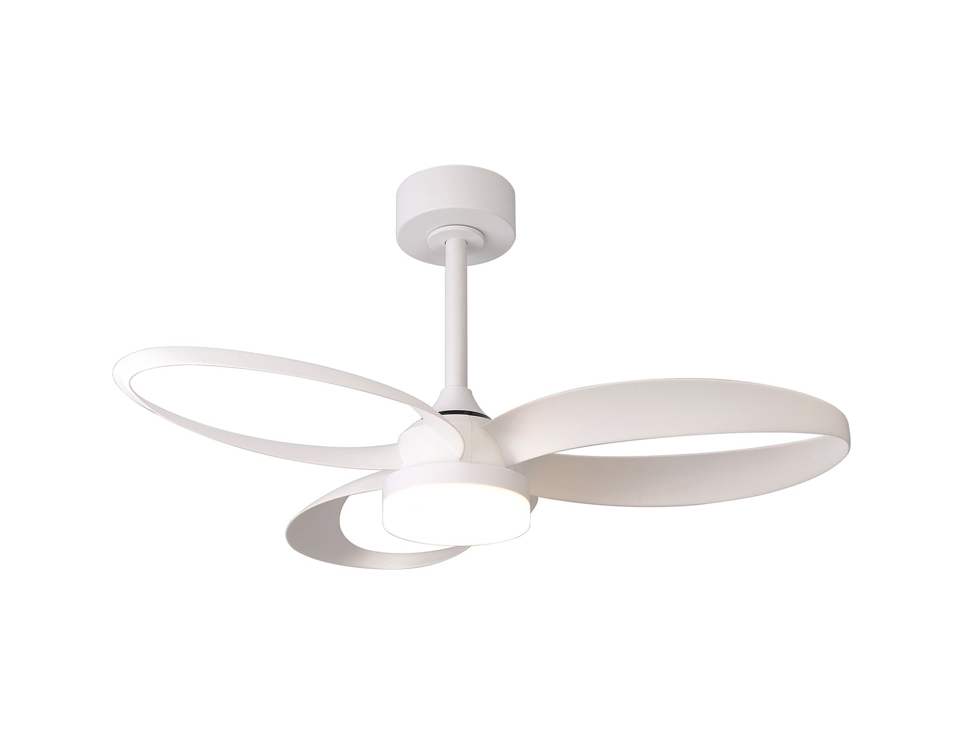 The Ceiling Fans UK MANTRA M8700 Infinity White Ceiling Fan (92.6cm) features three wide, curved blades and a central 24W dimmable LED light, plus a built-in 30W DC reversible fan and remote control, shown against a plain white background.