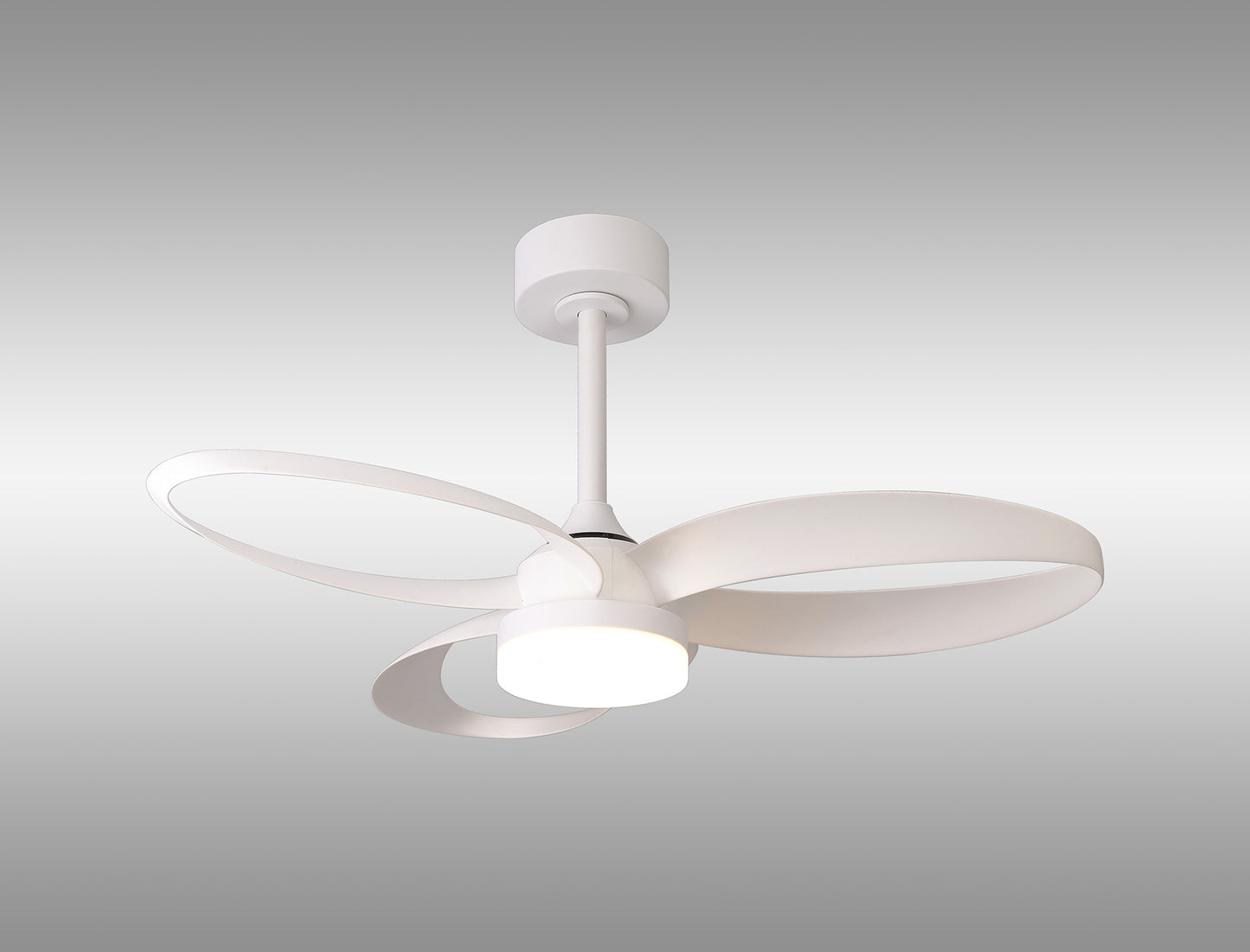 The Ceiling Fans UK MANTRA M8700 Infinity is a modern white 92.6cm ceiling fan with three curved blades, a dimmable 24W LED light, built-in 30W DC reversible motor, and remote control, shown against a gradient gray background.