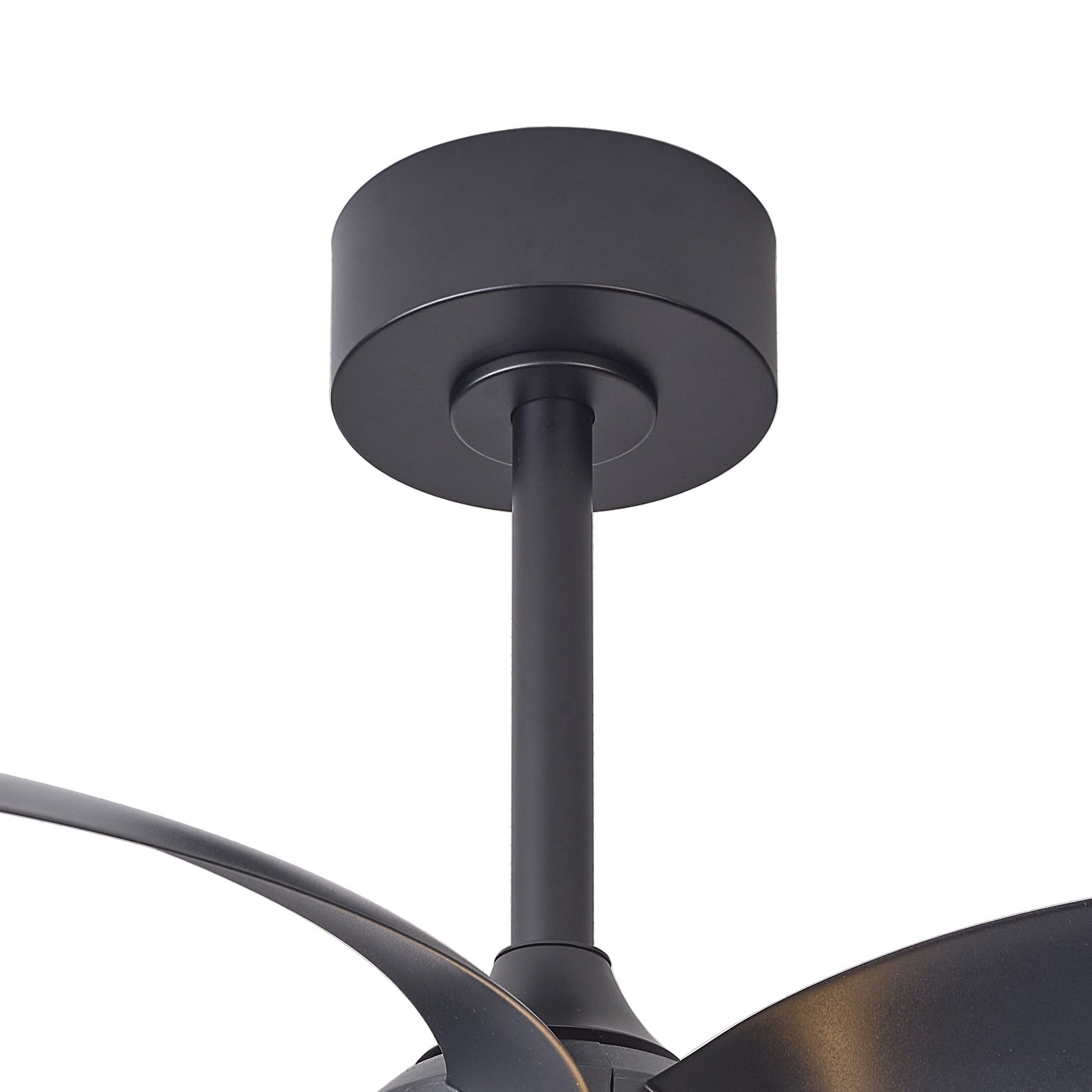 Close-up of the MANTRA M8701 Infinity Black Ceiling Fan by Ceiling Fans UK, featuring a black cylindrical base, visible fan blades, integrated 24W dimmable LED light, built-in 30W DC reversible motor, and remote control operation.