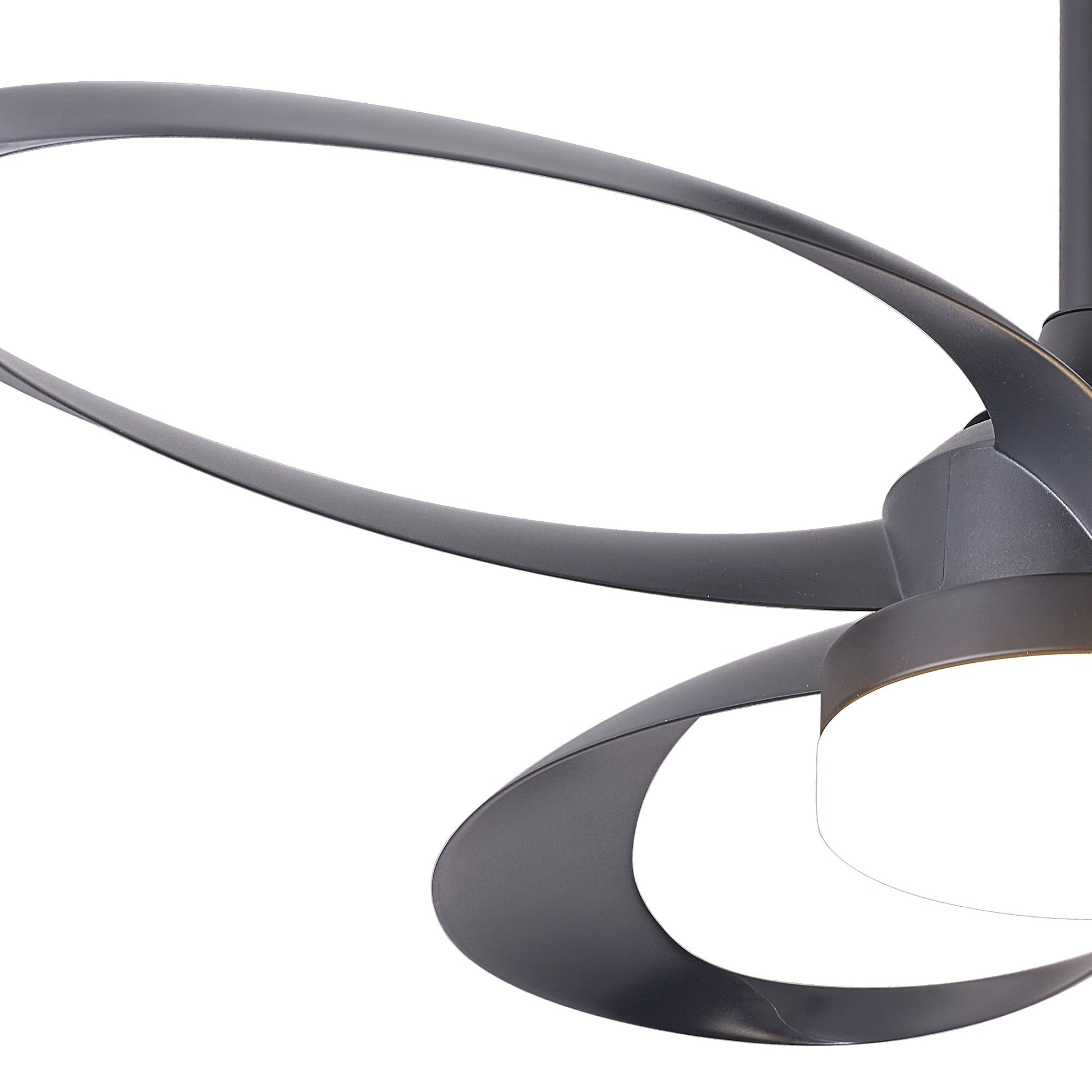 Close-up of the MANTRA M8701 Infinity Black Ceiling Fan by Ceiling Fans UK, showing two sleek black blades and a central 24W dimmable LED light with built-in 30W DC reversible fan and remote, set against a plain white background.