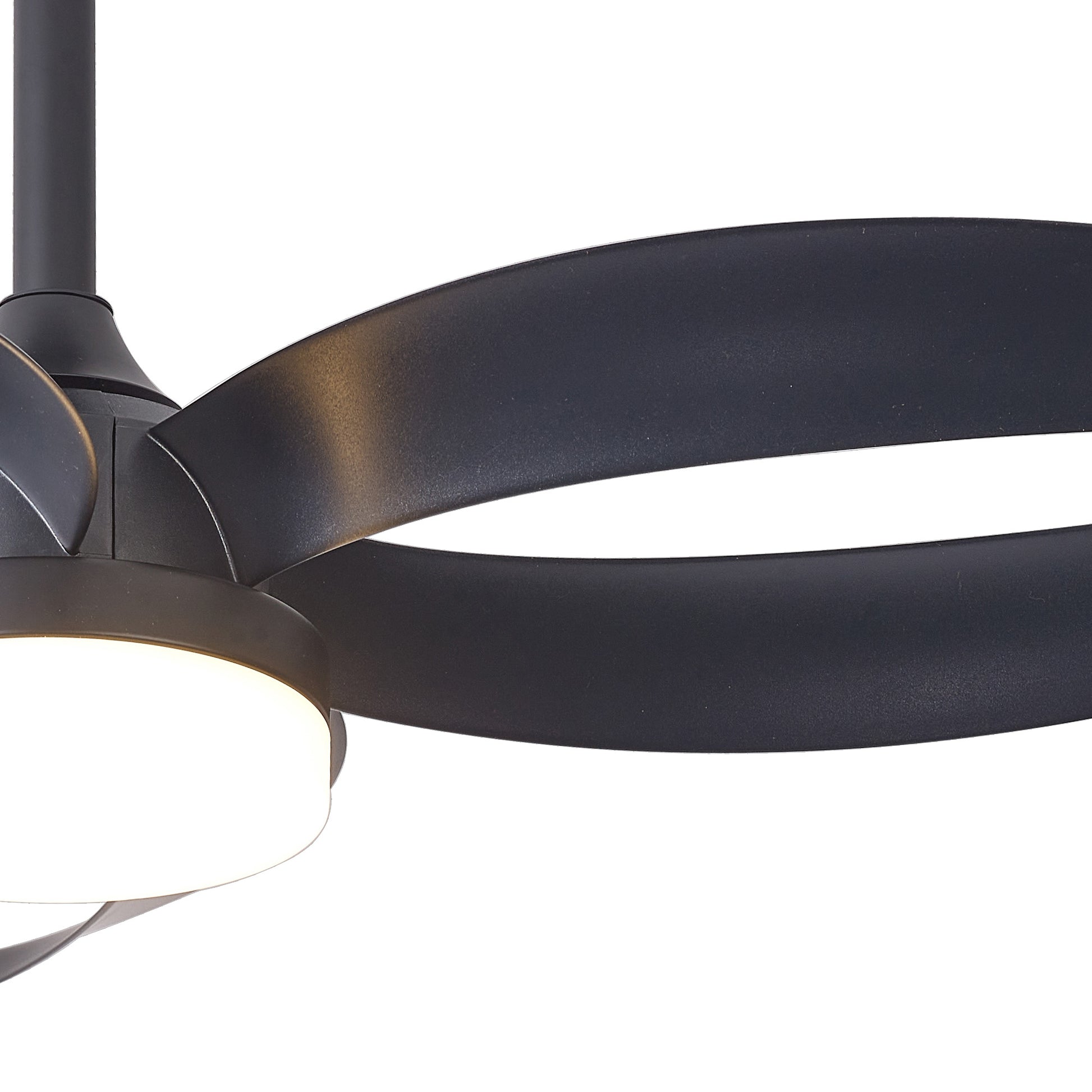 Close-up of the MANTRA M8701 Infinity Black Ceiling Fan by Ceiling Fans UK, featuring three wide blades, a 92.6cm dimmable 24W LED ceiling light, built-in 30W DC reversible fan, matte finish, and remote control for modern style.