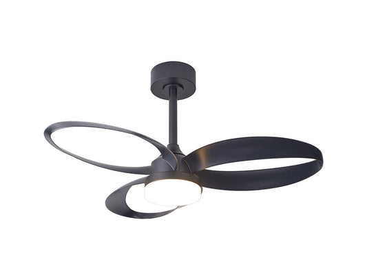 Introducing the Infinity Black Ceiling Fan by Ceiling Fans UK. Measuring 92.6cm, this modern fan showcases a unique design with three sleek, oval-shaped blades encircling a central 24W LED dimmable light fixture. Mounted on a short rod, it features a built-in 30W DC reversible fan and comes equipped with remote control for added convenience, delivering both style and contemporary elegance to your space.