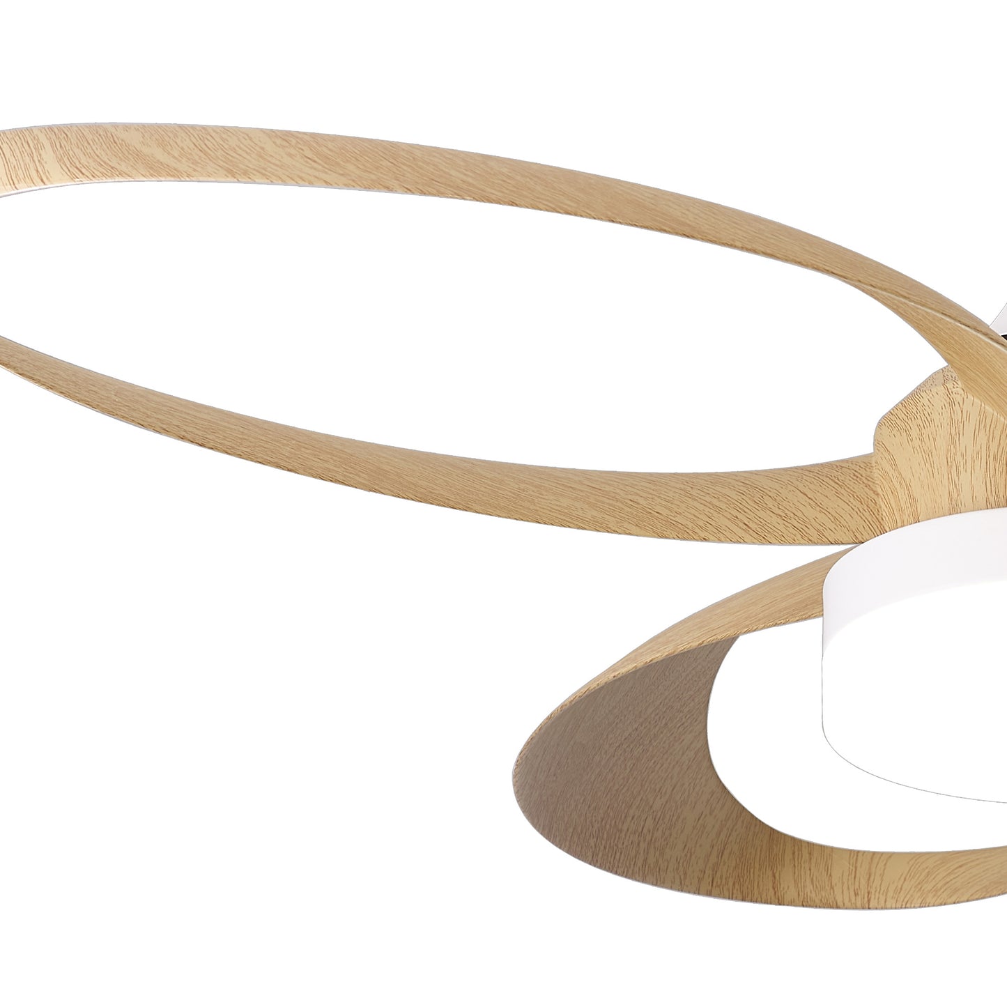 Close-up of an elegant Infinity White/Wood Ceiling Fan from Ceiling Fans UK, showcasing a modern design with curved wooden elements that intertwine. The 92.6 cm fan features a light, natural wood finish paired with white components and an integrated 24W dimmable LED light, along with a built-in 30W reversible DC fan and remote control for added convenience.