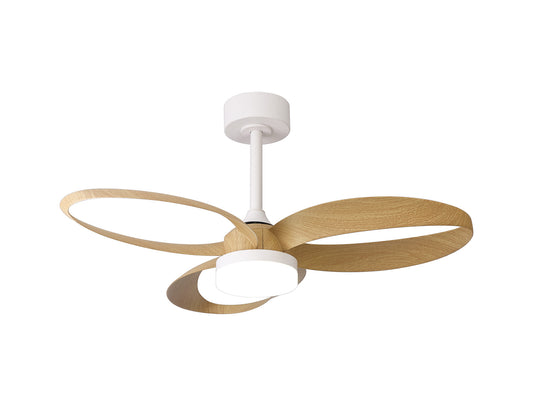 A modern ceiling fan with a minimalist design, the Infinity White/Wood Ceiling Fan Series by Ceiling Fans UK features three wide wooden blades and a central dimmable 24W LED light fixture. The 92.6cm blades form a unique, flowing shape, and the fan is mounted on a white rod with a cylindrical base. This fan also includes a built-in 30W DC reversible motor and comes with remote control for added convenience.