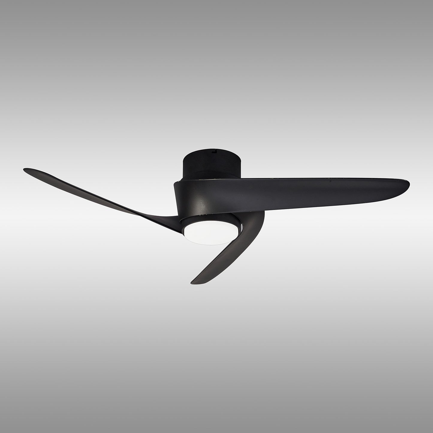 The Island Black Ceiling Fan with Light from Ceiling Fans UK is elegantly mounted against a plain gradient background, highlighting its sleek, modern design with three aerodynamic blades. This integrated fan features a 24W LED dimmable ceiling light and includes convenient Remote & APP Control functionality.