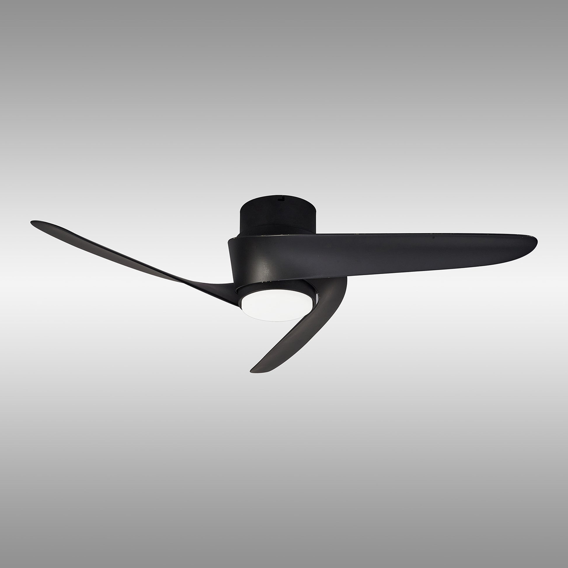 The Island Black Ceiling Fan with Light from Ceiling Fans UK is elegantly mounted against a plain gradient background, highlighting its sleek, modern design with three aerodynamic blades. This integrated fan features a 24W LED dimmable ceiling light and includes convenient Remote & APP Control functionality.