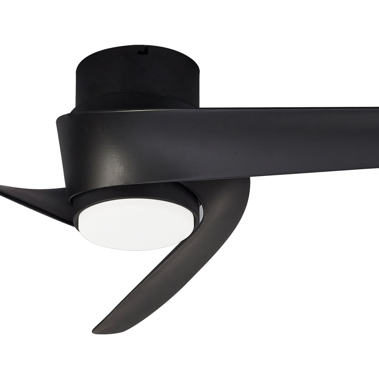 The Island Black Ceiling Fan with Light by Ceiling Fans UK is mounted on a white background, showcasing its modern and sleek design. It features a minimalist, curved blade structure and a central cylindrical light fixture. The fan and the 24W LED dimmable ceiling light are both encased in a matte black finish, enhancing its contemporary look. This 102cm fan includes a built-in 30W DC motor, remote and APP control capabilities, and comes with a 5-year warranty.