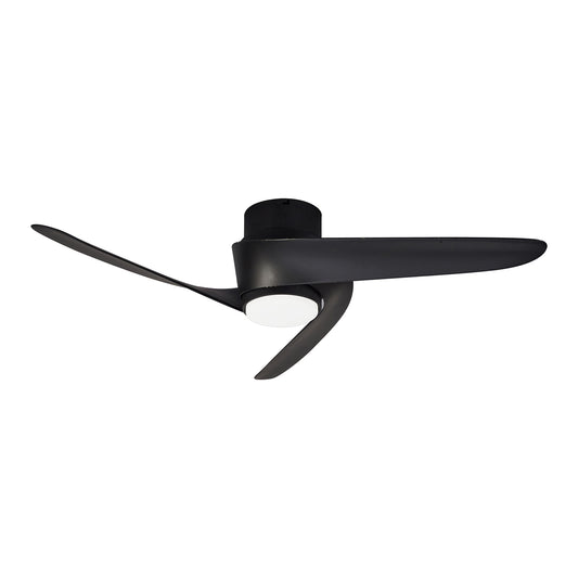 The MANTRA M8712 Island Black Ceiling Fan by Ceiling Fans UK features a 102cm dimmable 24W LED light, built-in 30W DC fan, two curved blades, remote & APP control, and a 5-year warranty, shown against a white background.