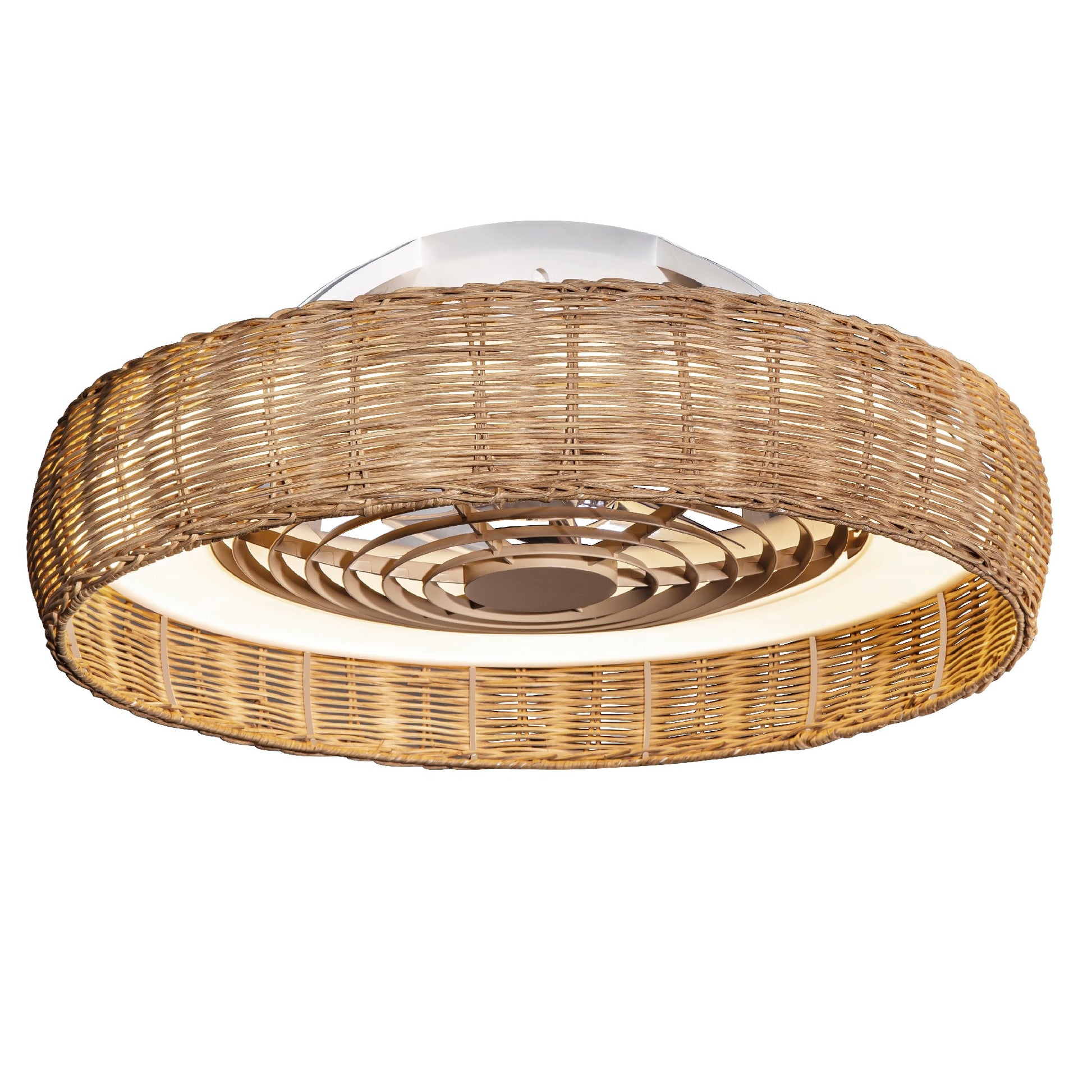 The Kilimanjaro White with Beige Rattan Shade by Ceiling Fans UK is a stylish ceiling fan featuring a woven beige rattan shade around its modern, circular design. It includes a 70W LED dimmable light at the center, providing both dynamic illumination and circulation. The natural rattan texture adds an elegant touch to this unique fixture.