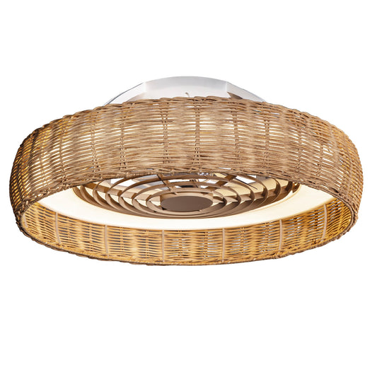 The Kilimanjaro White with Beige Rattan Shade by Ceiling Fans UK is a stylish ceiling fan featuring a woven beige rattan shade around its modern, circular design. It includes a 70W LED dimmable light at the center, providing both dynamic illumination and circulation. The natural rattan texture adds an elegant touch to this unique fixture.