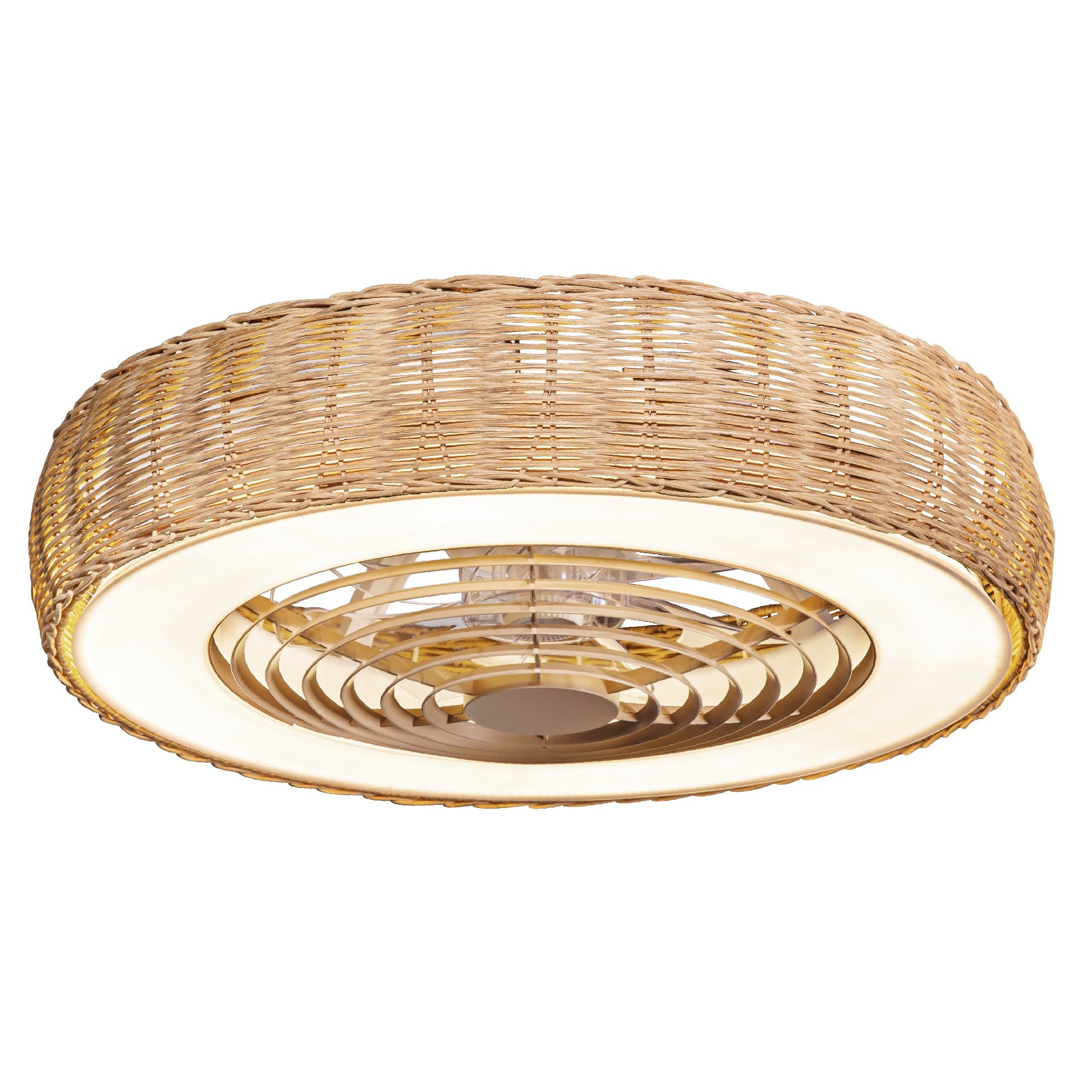 Presenting the Kilimanjaro White by Ceiling Fans UK, a sophisticated ceiling fixture featuring a beige rattan shade and integrated fan blades. This elegant piece boasts a circular woven design with a 65cm diameter, combining a 70W LED dimmable light for adjustable brightness and a 35W DC reversible fan for optimal cooling. With remote control functionality, it delivers both style and convenience while offering reliable operation at 3000 lumens and backed by a 5-year warranty.