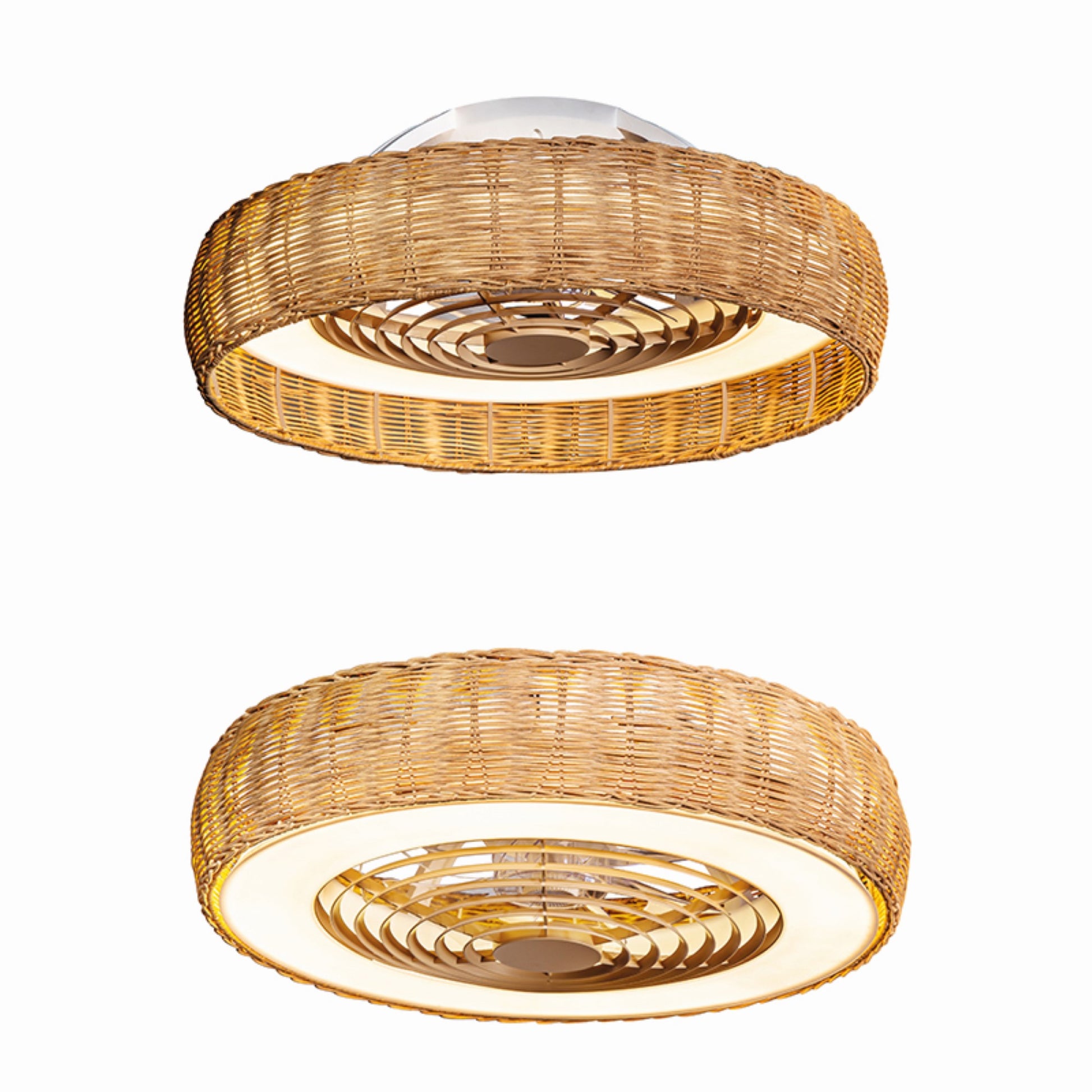Two ceiling lights with wooden, wicker-style shades are displayed. The top light, paired with the Kilimanjaro White Ceiling Fan featuring a beige rattan shade from Ceiling Fans UK, is turned off, showcasing the intricate wicker pattern. The LED dimmable light within this 70W setup is highlighted for its craftsmanship. Below, another LED Dimmable Ceiling Light is illuminated, casting a warm glow and enhancing the woven design.
