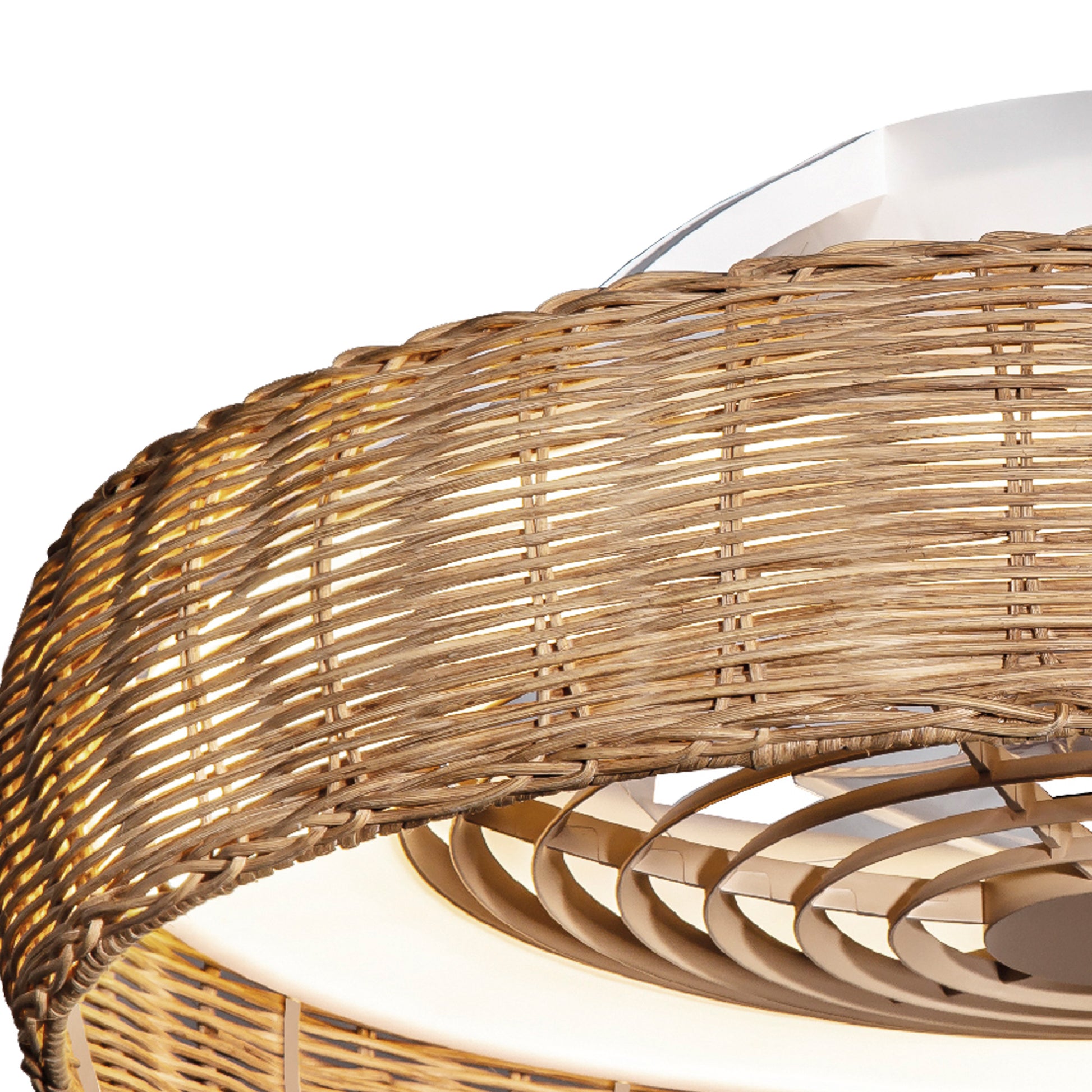 A close-up of the Kilimanjaro White with Beige Rattan Shade from Ceiling Fans UK reveals a ceiling light fixture with a circular design. The texture of the natural fibers is visible, and the 70W LED Dimmable Light softly illuminates the surrounding area, creating a warm ambiance.
