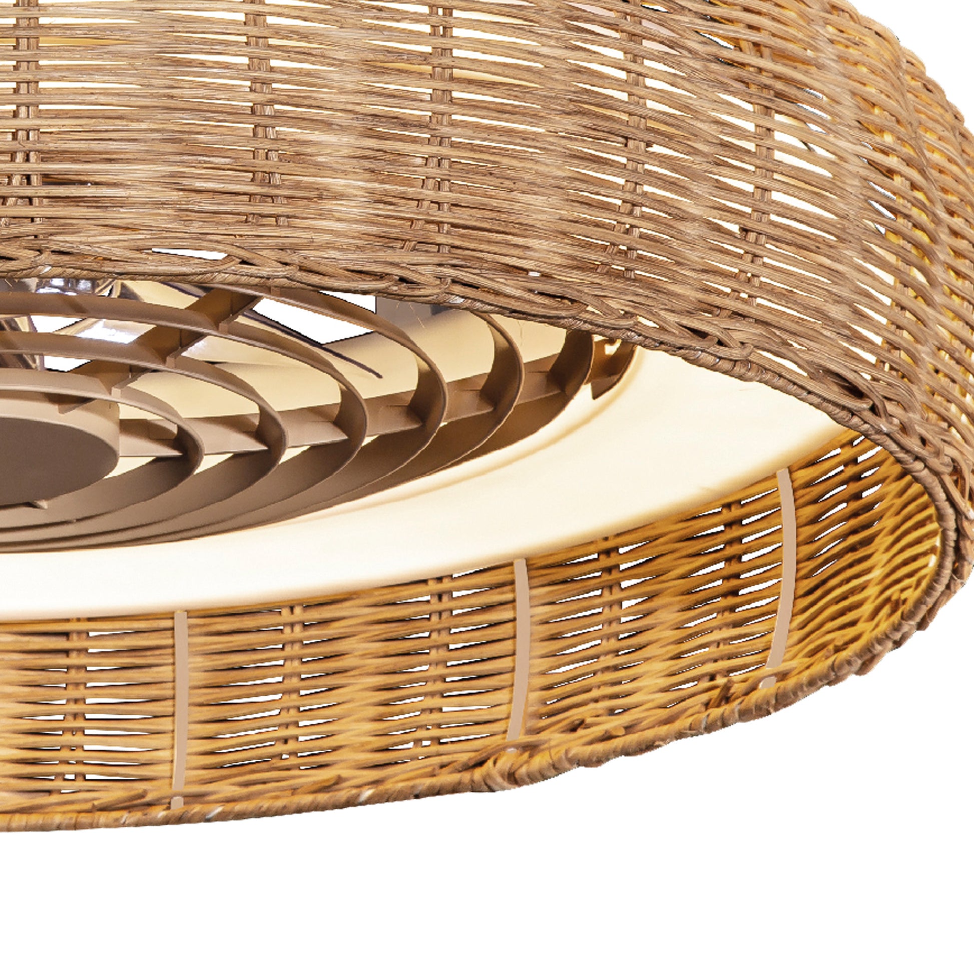 A close-up view showcases the Kilimanjaro White by Ceiling Fans UK, featuring a beige rattan shade and a 65cm, 70W LED dimmable ceiling light. The intricate weaving forms a textured pattern, complemented by fan blades that enhance its contemporary design.