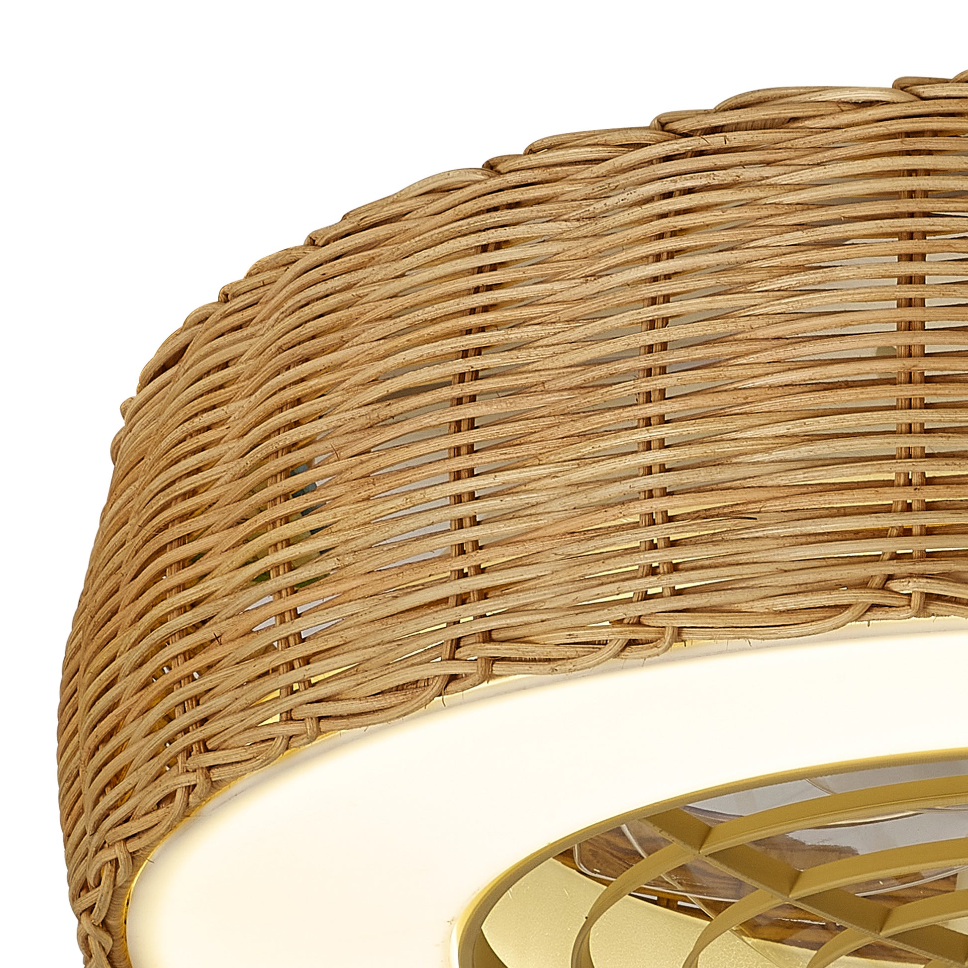 Close-up of Ceiling Fans UK Kilimanjaro Mini White Fan with Beige Rattan Shade (58cm), showing its circular beige rattan design and 55W dimmable LED ceiling light with a 25W reversible fan, 3800lm, 5-year warranty.