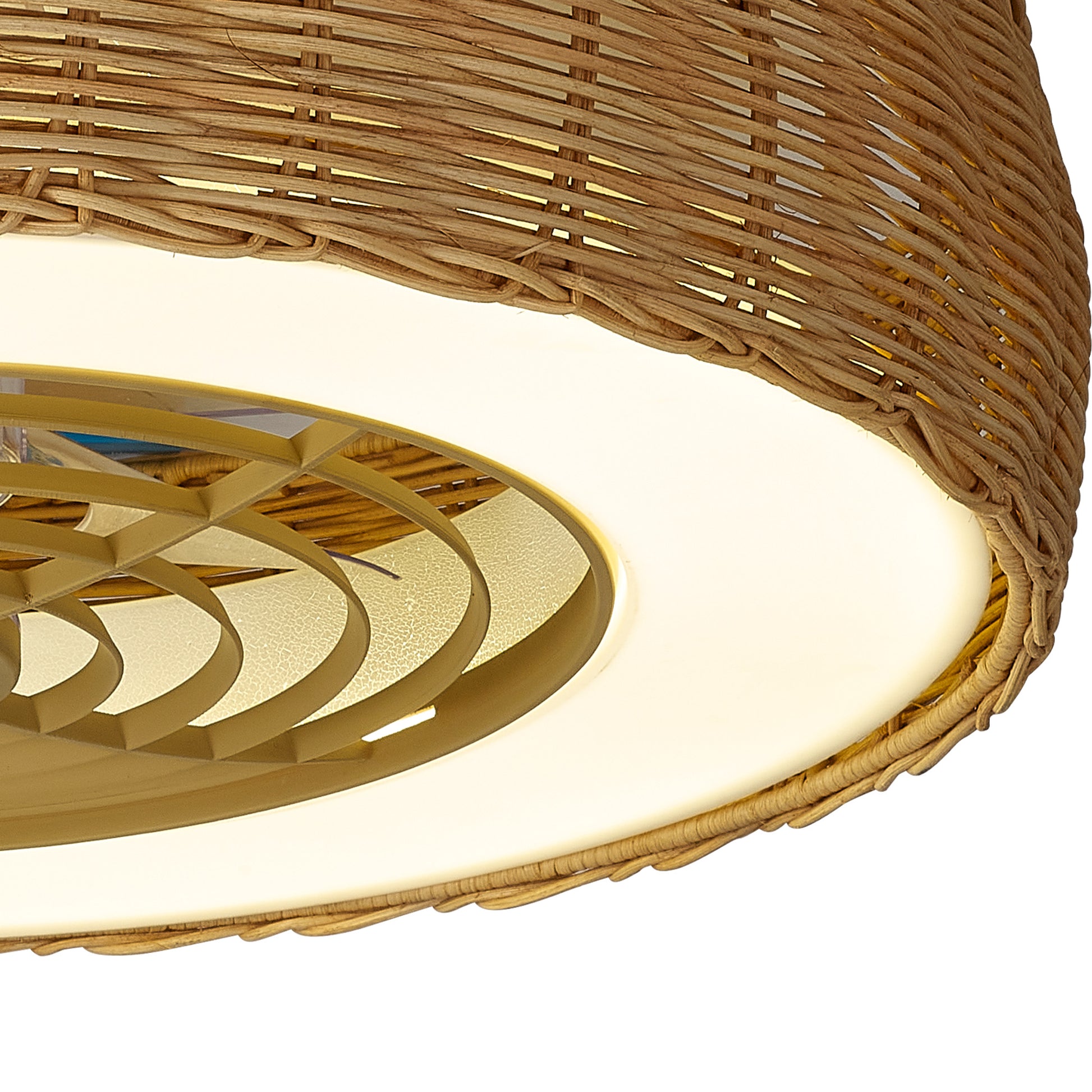The Kilimanjaro Mini White Fan by Ceiling Fans UK features a 58cm beige rattan circular shade, integrated 55W dimmable LED light (3800lm), and a 25W DC reversible fan, all with a sleek curved blade design and 5-year warranty.